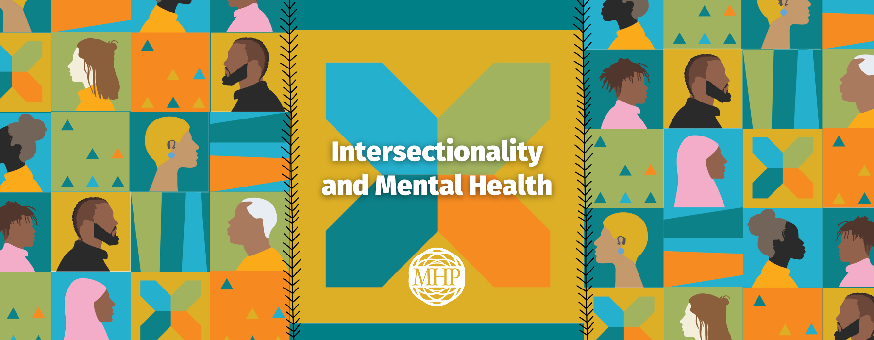 The image is a colorful illustration featuring diverse profiles of people in various colors and styles, symbolizing different identities. The central part of the image contains the text 'Intersectionality and Mental Health' in bold white letters. The background consists of geometric shapes and patterns in vibrant colors such as blue, orange, green, and yellow. The design is symmetrical, with the text and a logo at the center, surrounded by artistic representations of people. The overall theme emphasizes diversity and mental health.