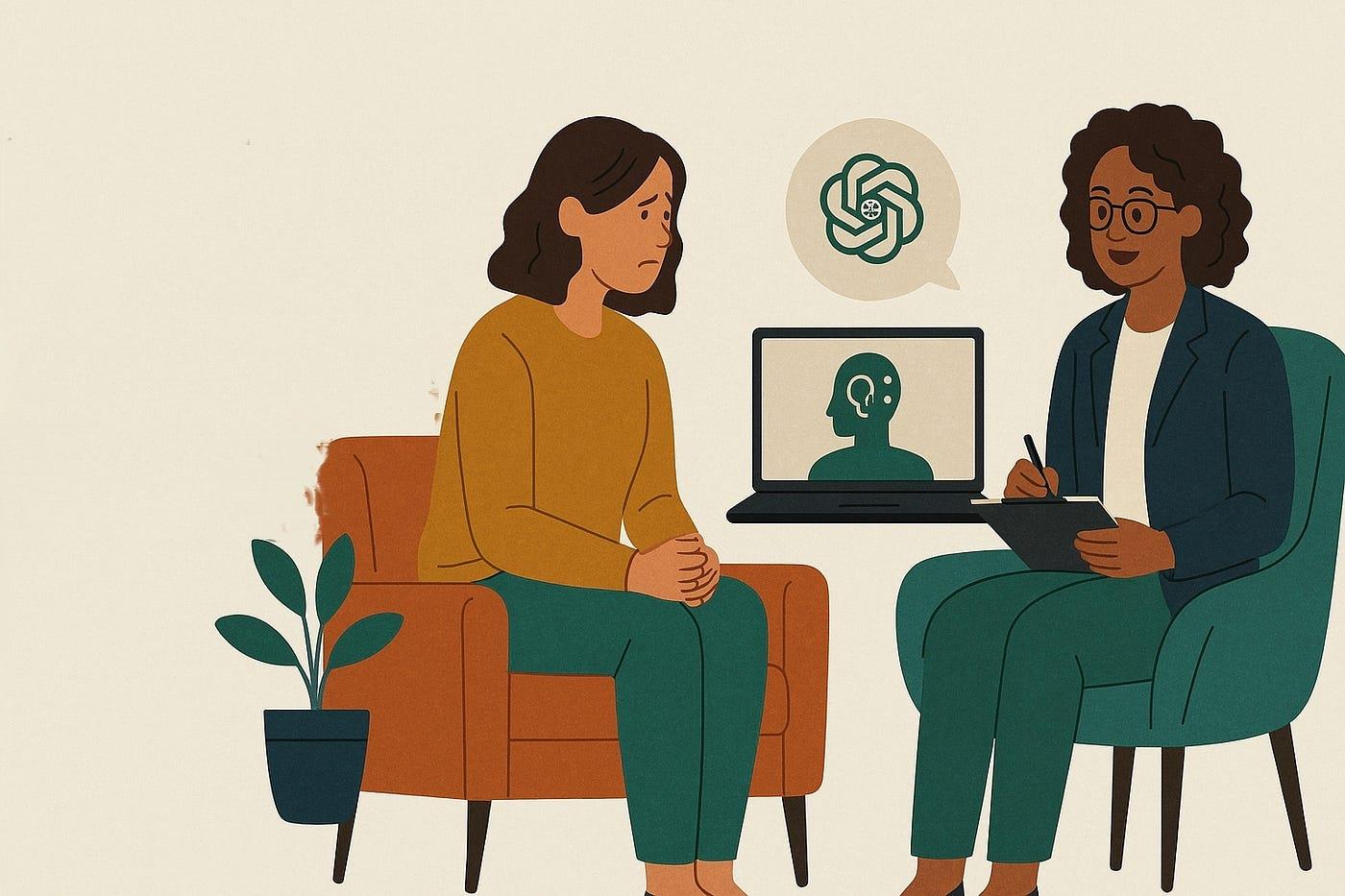 The image is an illustration depicting a therapy session. On the left, a woman with brown hair is sitting on an orange chair, appearing thoughtful or concerned. On the right, another woman with curly hair and glasses is sitting on a teal chair, holding a notepad and pen, suggesting she is the therapist. Between them is a laptop displaying a silhouette of a head with a circuit pattern, symbolizing artificial intelligence. Above the laptop, there is a speech bubble containing a logo resembling a stylized brain or network, indicating a discussion about AI. A small potted plant is placed on the floor next to the orange chair.