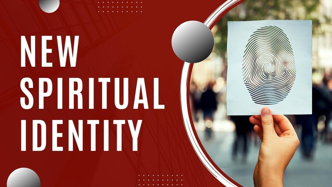 The image features a red background with the text 'NEW SPIRITUAL IDENTITY' in bold white letters on the left side. On the right, a hand is holding a piece of paper with a fingerprint design cut out, through which a blurred background of people and trees is visible. The design is modern and abstract, combining elements of identity and spirituality.