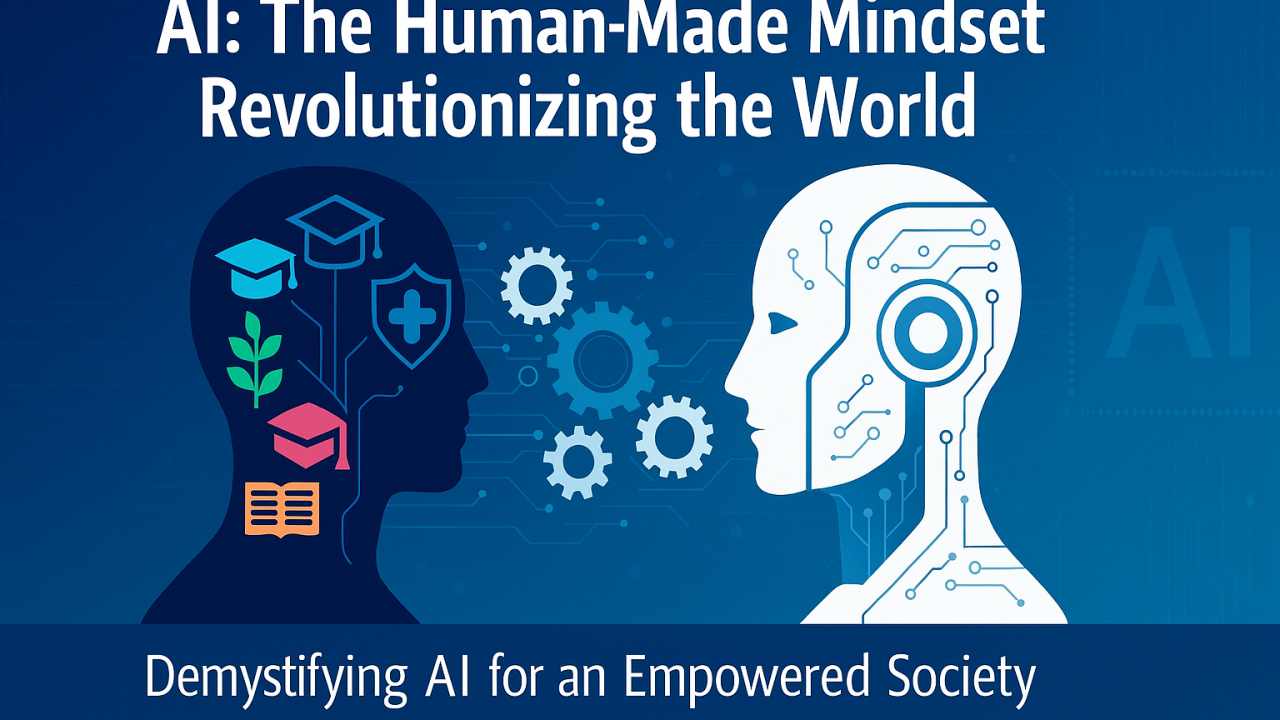 The image features a split design with two profiles facing each other. On the left, a human silhouette is filled with icons representing education, health, and knowledge, such as a graduation cap, a shield with a cross, a plant, and an open book. On the right, a robotic or AI silhouette is depicted with circuit-like patterns. Between the two profiles are gears, symbolizing the connection and interaction between human and artificial intelligence. The background is a gradient of blue with circuit patterns. The text at the top reads 'AI: The Human-Made Mindset Revolutionizing the World' and at the bottom 'Demystifying AI for an Empowered Society.'