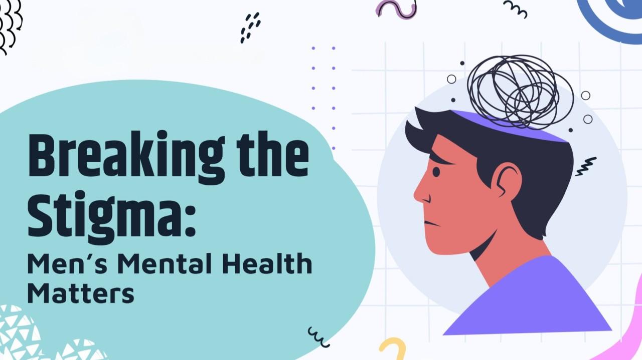 The image features an illustration with a focus on mental health awareness. On the left side, there is a teal-colored speech bubble containing the text 'Breaking the Stigma: Men's Mental Health Matters' in bold, black font. On the right side, there is an illustration of a man with a worried expression, depicted in profile. Above his head is a scribble, symbolizing mental confusion or stress. The background includes abstract shapes and patterns, adding a modern and engaging visual element.