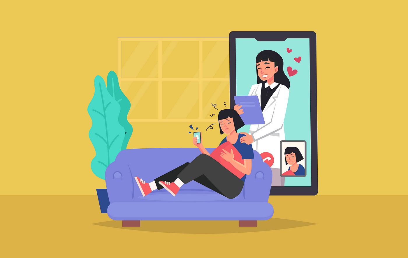 The image depicts a person lying on a purple couch, holding a smartphone with a distressed expression. Next to them is a large smartphone screen showing a virtual therapist, a woman in a white coat holding a clipboard, smiling and offering support. The background is a simple room with a yellow wall, a window, and a green plant. The scene illustrates the concept of AI-powered mental health apps providing virtual therapy.