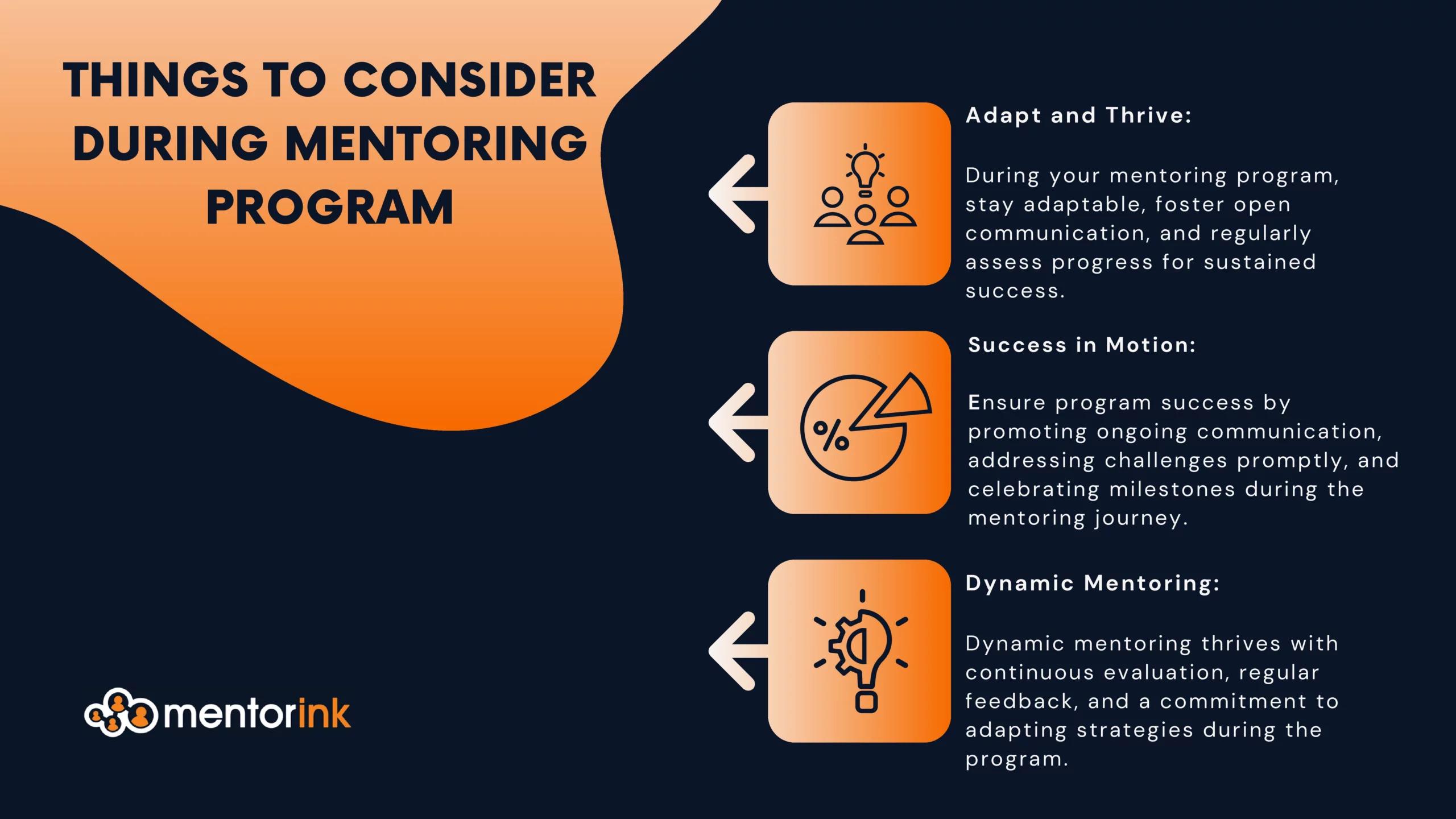 The image is an infographic titled 'Things to Consider During Mentoring Program' with a gradient background transitioning from orange to dark blue. It features three main sections, each with an icon and text. The first section, 'Adapt and Thrive,' emphasizes staying adaptable, fostering open communication, and assessing progress for success. The second section, 'Success in Motion,' highlights promoting communication, addressing challenges, and celebrating milestones. The third section, 'Dynamic Mentoring,' focuses on continuous evaluation, regular feedback, and adapting strategies. The bottom left corner displays the 'mentorink' logo.