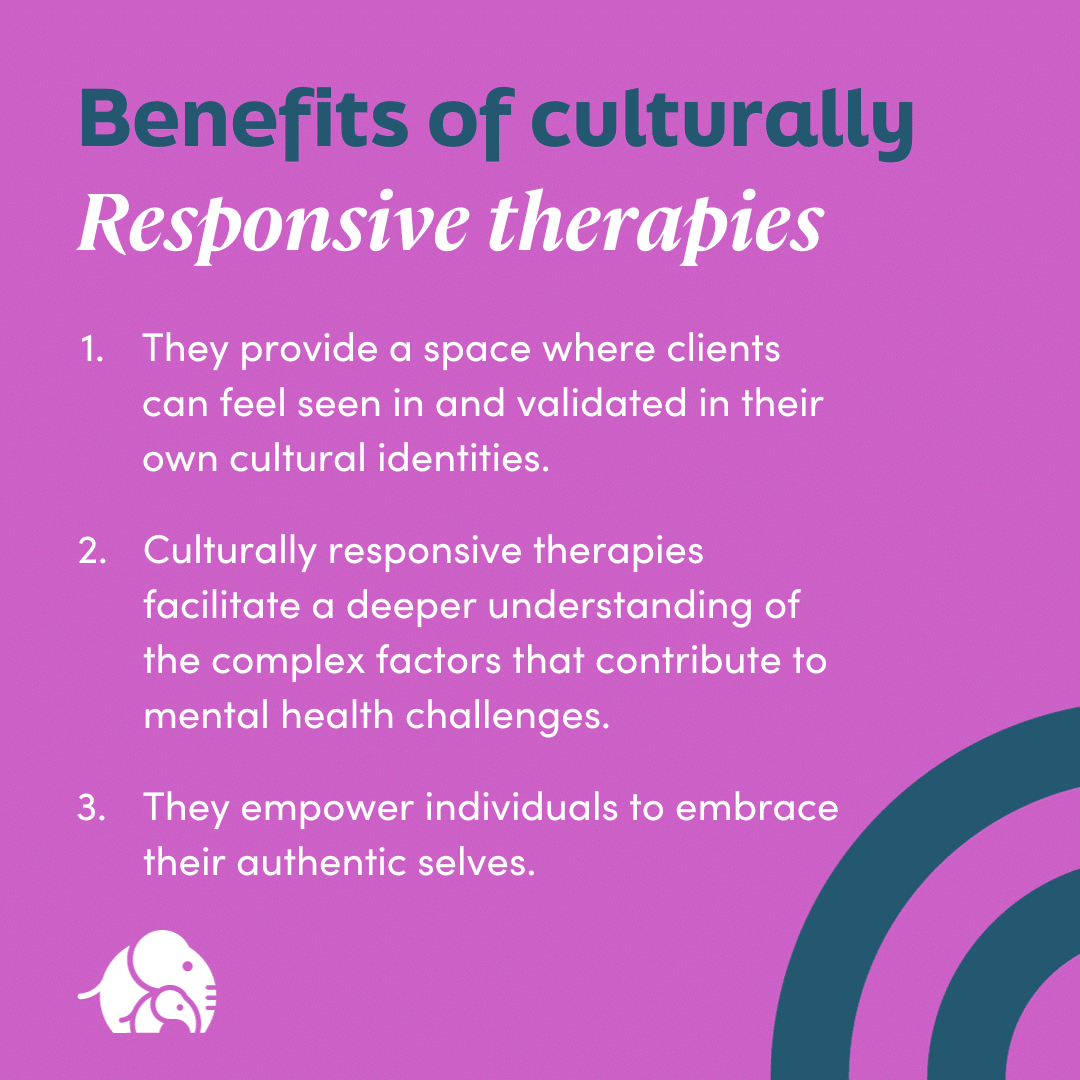 The image features a purple background with text discussing the benefits of culturally responsive therapies. The title 'Benefits of culturally Responsive therapies' is prominently displayed at the top in bold and italicized fonts. Below the title, three points are listed: 1) They provide a space where clients can feel seen and validated in their own cultural identities. 2) Culturally responsive therapies facilitate a deeper understanding of the complex factors that contribute to mental health challenges. 3) They empower individuals to embrace their authentic selves. In the bottom left corner, there is a white silhouette of an elephant. The design includes a partial circular pattern in the bottom right corner.
