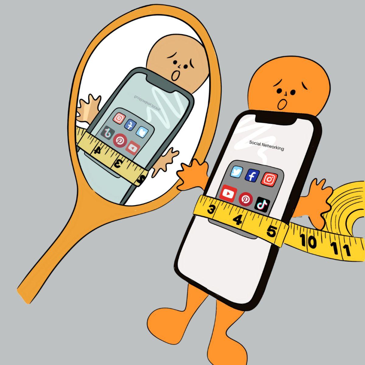 The image is an illustration featuring an orange cartoon character with a smartphone for a body. The character is looking into a handheld mirror, which reflects its image. The smartphone screen displays various social media app icons, including Facebook, Instagram, Twitter, and TikTok. A measuring tape is wrapped around the character's waist, suggesting themes of body image and self-perception. The background is a plain gray color. The text 'Social Networking' is visible on the smartphone screen.