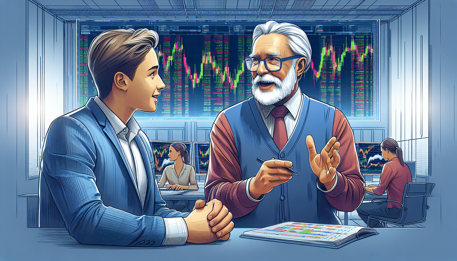 The image is an artistic representation of a professional setting, likely a trading office. In the foreground, two men are engaged in conversation. The man on the left is younger, wearing a blue suit, and appears to be listening attentively. The older man on the right has white hair and a beard, wearing glasses, a red tie, and a blue vest, and is gesturing with his hand while holding a pen, suggesting he is explaining or mentoring. In the background, there are large screens displaying colorful stock market charts and data. Two other individuals are seated at desks, working on computers with similar charts visible on their screens. The setting conveys a sense of mentorship and guidance in a financial or trading environment.