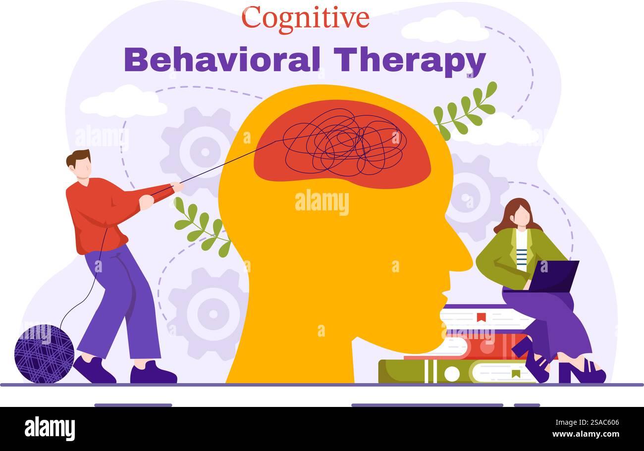 The image is an illustration depicting the concept of Cognitive Behavioral Therapy. It features a large, stylized profile of a human head in yellow, with a red area representing the brain. Inside the brain area, there is a tangled line, symbolizing complex thoughts or confusion. To the left, a person is pulling on a string connected to the tangled line, suggesting the process of unraveling thoughts. On the right, another person is sitting on a stack of books, working on a laptop, indicating study or analysis. The background includes gears and leaves, symbolizing growth and mental processes. The text 'Cognitive Behavioral Therapy' is prominently displayed at the top in red and purple letters.
