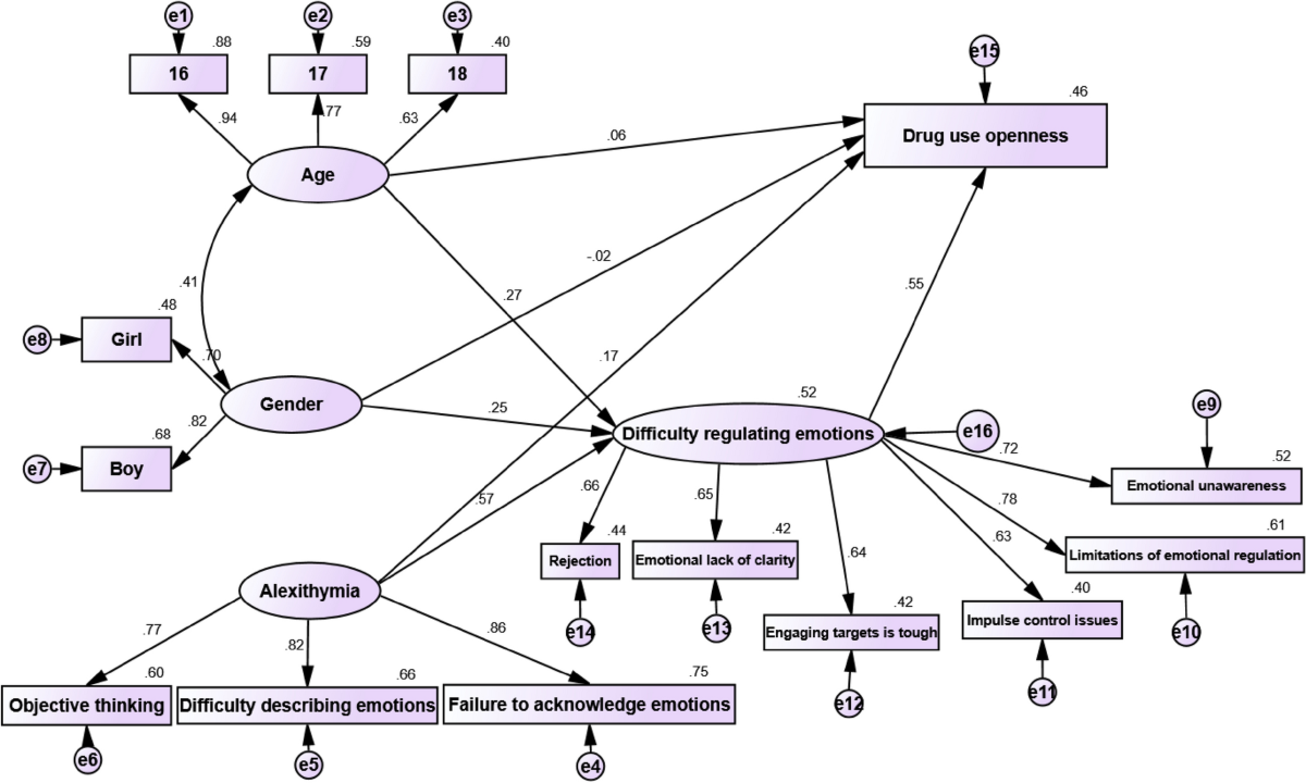 The image is a diagram illustrating the relationships between various psychological and demographic factors. It includes nodes labeled 'Age', 'Gender', 'Alexithymia', and 'Difficulty regulating emotions', each connected by arrows to other nodes. 'Age' is linked to 'Drug use openness' and 'Difficulty regulating emotions'. 'Gender' is divided into 'Girl' and 'Boy'. 'Alexithymia' is associated with 'Objective thinking', 'Difficulty describing emotions', and 'Failure to acknowledge emotions'. 'Difficulty regulating emotions' connects to 'Rejection', 'Emotional lack of clarity', 'Engaging targets is tough', 'Impulse control issues', 'Emotional unawareness', and 'Limitations of emotional regulation'. Each connection is annotated with numerical values, possibly indicating correlation coefficients or path coefficients. The diagram is structured to show how these factors might influence each other, particularly focusing on emotional regulation and drug use openness.