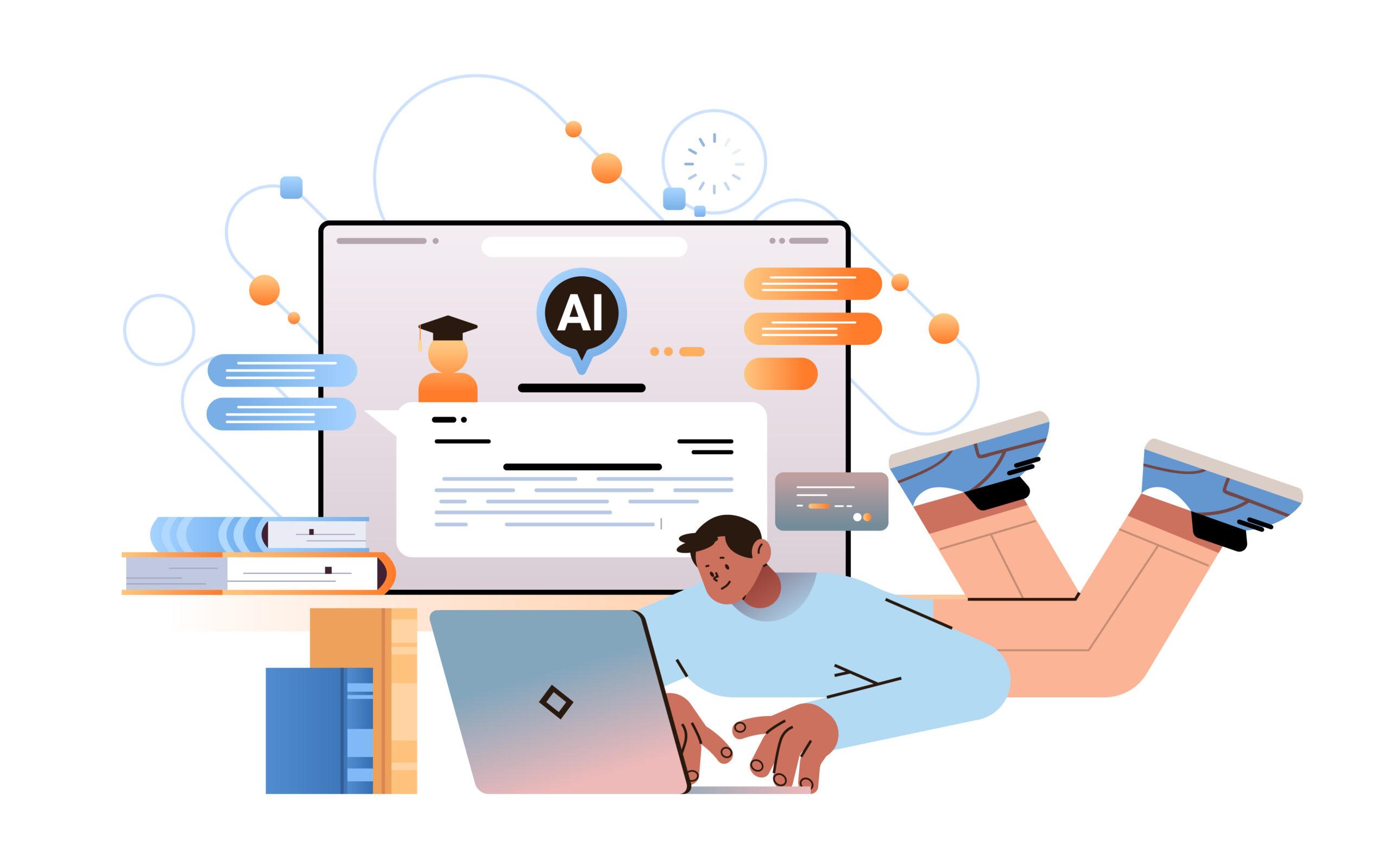 The image is an illustration depicting a person using a laptop, surrounded by educational and technological elements. In the background, there is a large screen displaying a speech bubble with 'AI' inside, indicating a focus on artificial intelligence. The screen also shows an icon of a person wearing a graduation cap, suggesting an educational context. Books are stacked on a table, and various abstract shapes and lines are present, symbolizing connectivity and digital interaction. The overall theme appears to be the integration of AI in online learning environments.