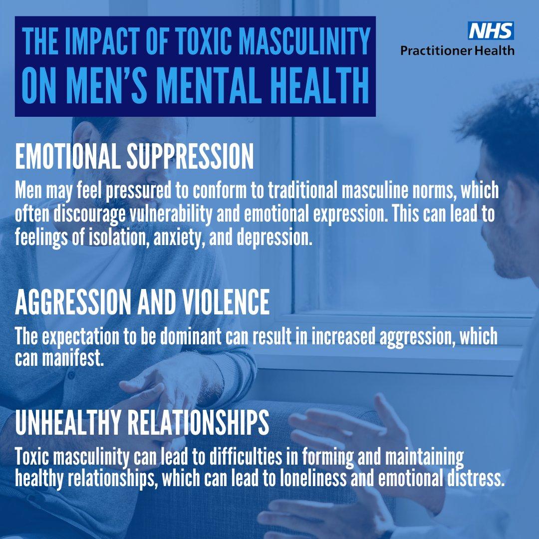 The image is an infographic discussing the impact of toxic masculinity on men's mental health. It features a blue background with a partially visible image of two men in conversation. The text is divided into sections with headings in bold white letters. The main title reads 'The Impact of Toxic Masculinity on Men's Mental Health' with the NHS Practitioner Health logo in the top right corner. The sections include 'Emotional Suppression', explaining how men may feel pressured to conform to traditional masculine norms, leading to isolation, anxiety, and depression. 'Aggression and Violence' discusses how the expectation to be dominant can increase aggression. 'Unhealthy Relationships' highlights how toxic masculinity can lead to difficulties in forming and maintaining healthy relationships, resulting in loneliness and emotional distress.