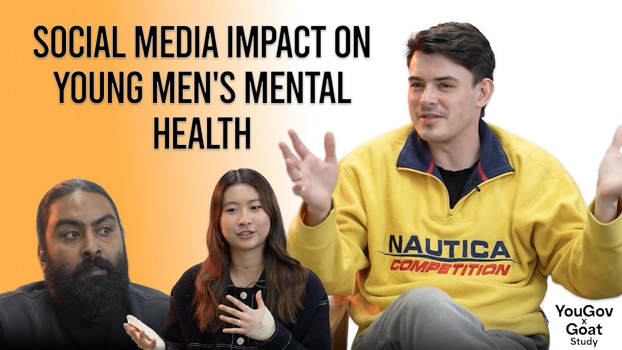 The image features three individuals engaged in a discussion. On the left, a man with a beard is visible, appearing thoughtful. In the center, a woman is gesturing with her hands, possibly explaining something. On the right, a man in a yellow 'Nautica Competition' sweatshirt is speaking, with his hands raised in a conversational manner. The background is a gradient of orange to white, with bold black text reading 'SOCIAL MEDIA IMPACT ON YOUNG MEN'S MENTAL HEALTH'. In the bottom right corner, the logos 'YouGov x Goat Study' are present.