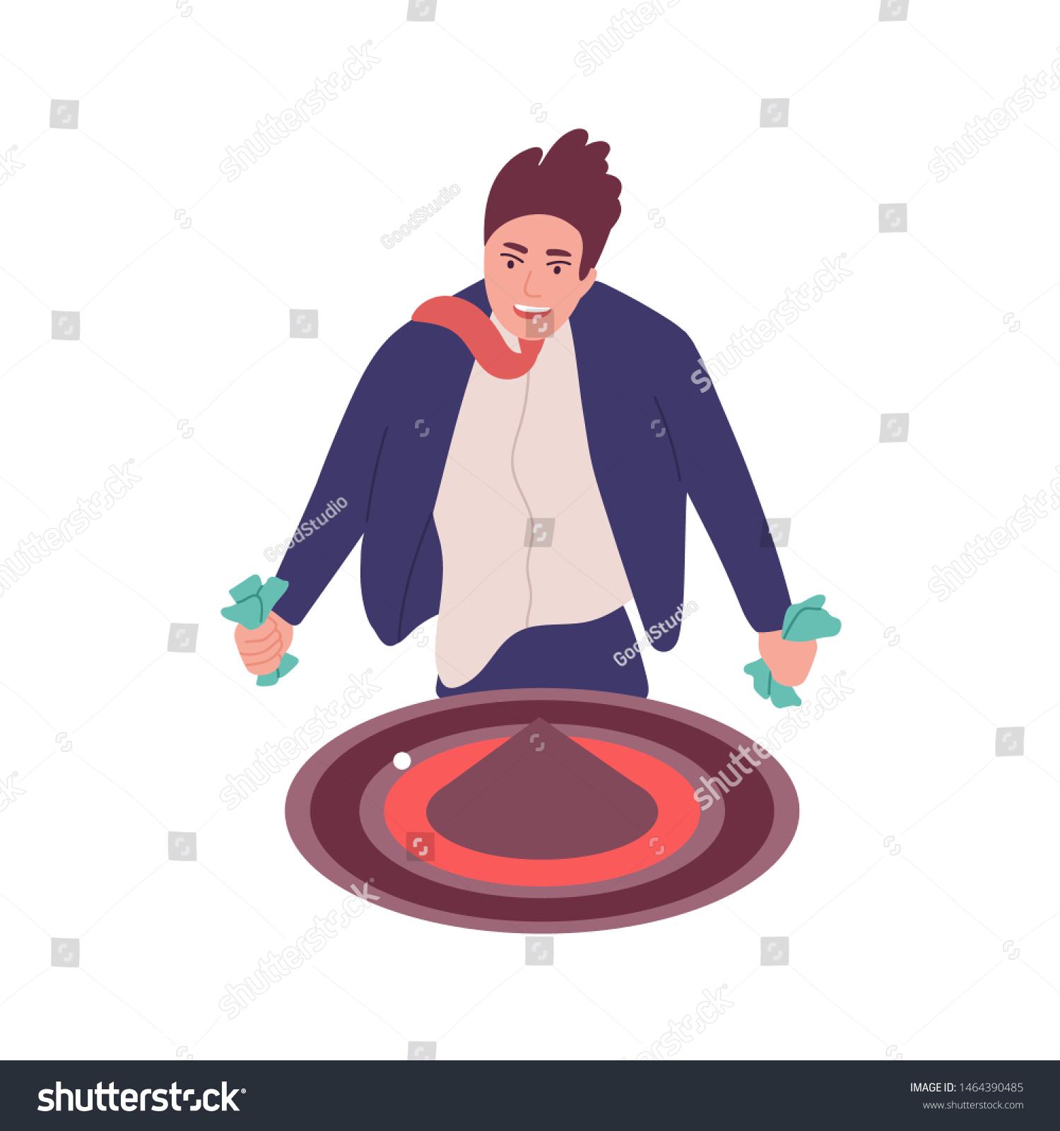 The image is an illustration of a man with a gambling addiction. He is depicted wearing a dark blue suit and a red tie, standing over a roulette table. The man appears to be excited or anxious, holding cash in both hands. The roulette table is shown with a red and black design, and a small white ball is visible on it. The background is plain white, emphasizing the focus on the man and the gambling table.