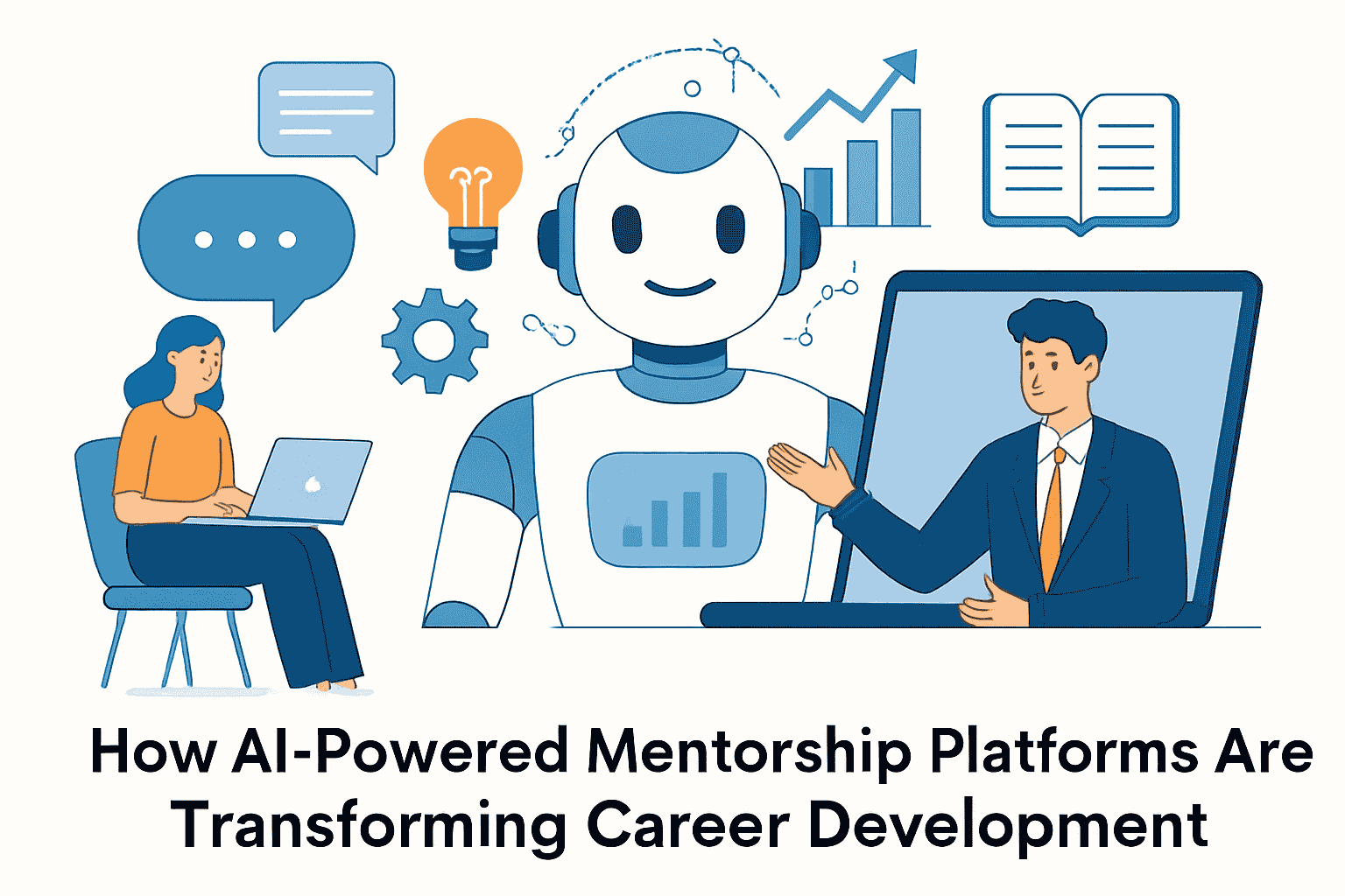 The image is an illustration featuring a robot in the center, symbolizing AI, surrounded by various icons such as a light bulb, a gear, a graph, and speech bubbles. On the left, a woman is sitting with a laptop, and on the right, a man in a suit is depicted on a screen, suggesting a virtual meeting or mentorship session. The text at the bottom reads 'How AI-Powered Mentorship Platforms Are Transforming Career Development.' The overall theme highlights the integration of AI in career mentorship and development.