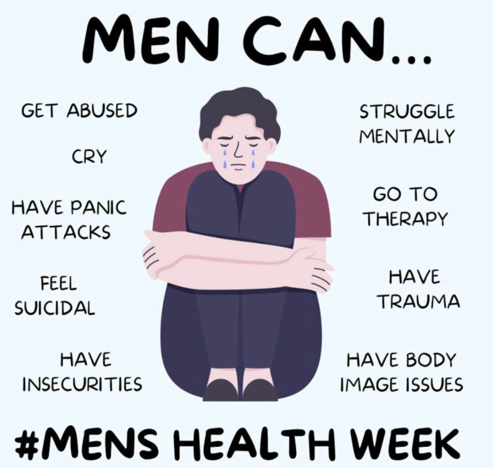 The image features an illustration of a person sitting with their arms wrapped around their knees, appearing to be in distress. The person has tears on their face, indicating sadness or emotional pain. Surrounding the figure are phrases highlighting various mental health challenges men can face, such as 'GET ABUSED', 'CRY', 'HAVE PANIC ATTACKS', 'FEEL SUICIDAL', 'HAVE INSECURITIES', 'STRUGGLE MENTALLY', 'GO TO THERAPY', 'HAVE TRAUMA', and 'HAVE BODY IMAGE ISSUES'. At the bottom, the text '#MENS HEALTH WEEK' is prominently displayed, emphasizing the focus on men's mental health awareness.