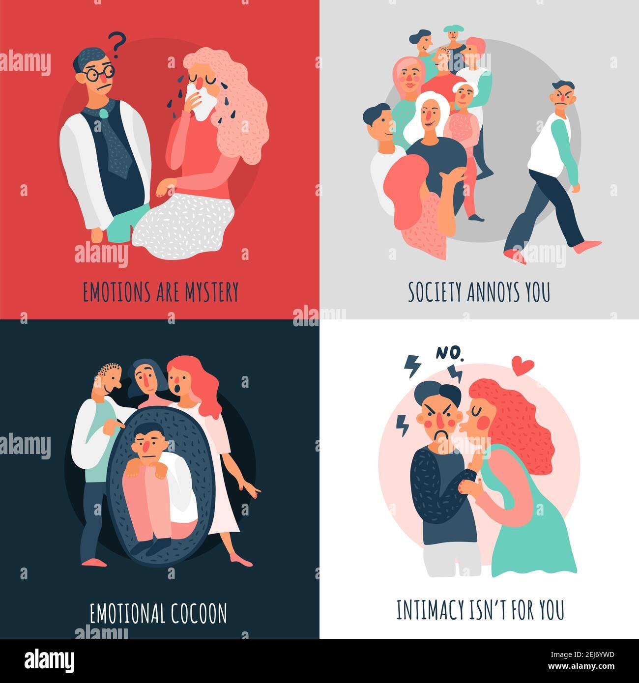 The image is a four-panel illustration, each depicting a different scenario related to emotions and social interactions. The top left panel shows a man and a woman, with the woman crying and the man looking confused, accompanied by the text 'EMOTIONS ARE MYSTERY.' The top right panel features a group of people, with one person walking away, and the text 'SOCIETY ANNOYS YOU.' The bottom left panel depicts a person curled up inside a cocoon-like structure, surrounded by others, with the text 'EMOTIONAL COCOON.' The bottom right panel shows a man and a woman, with the man looking displeased and the woman trying to be affectionate, accompanied by the text 'INTIMACY ISN'T FOR YOU.' The illustrations use a simple, colorful style with a focus on facial expressions and body language.