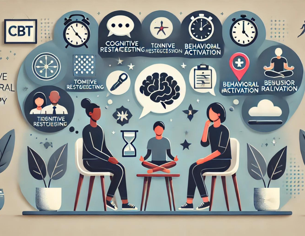 The image is an artistic representation of a cognitive behavioral therapy (CBT) session. It features three stylized figures sitting in a circle, suggesting a therapeutic setting. Surrounding them are various icons and symbols related to CBT, such as clocks, speech bubbles, and a brain, indicating different aspects of therapy like cognitive restructuring and behavioral activation. The background includes abstract shapes and plant motifs, adding a calming aesthetic. Some text is visible, but it appears intentionally distorted or misspelled, such as 'COGNITIVE RESTACESTING' and 'BEHAVIORAL ACTIVATION.'