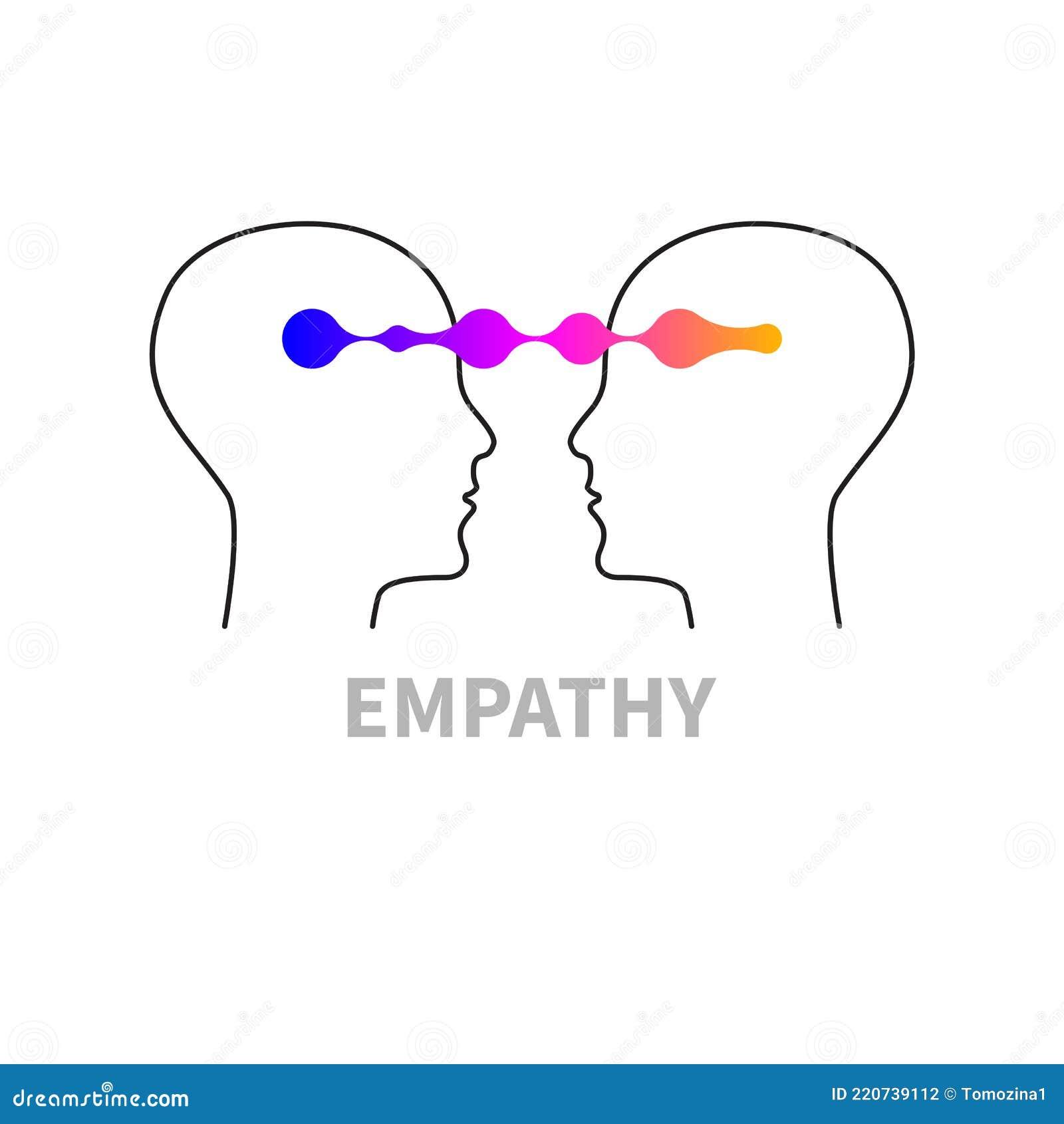 The image features a minimalist illustration of two human profiles facing each other. Between the profiles, there is a colorful wave-like connection, transitioning from blue to pink to orange, symbolizing a mental or emotional connection. Below the illustration, the word 'EMPATHY' is written in bold, gray letters. The background is plain white, emphasizing the simplicity and focus on the concept of empathy.