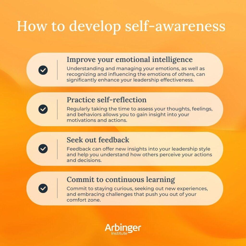 The image is an infographic titled 'How to develop self-awareness' with a warm orange background. It provides four key points for developing self-awareness: 1) Improve your emotional intelligence, which involves understanding and managing emotions to enhance leadership effectiveness. 2) Practice self-reflection by assessing thoughts, feelings, and behaviors to gain insights into motivations and actions. 3) Seek out feedback to gain new insights into leadership style and understand others' perceptions. 4) Commit to continuous learning by staying curious and embracing challenges. Each point is accompanied by a checkmark icon. The bottom of the image features the Arbinger Institute logo.