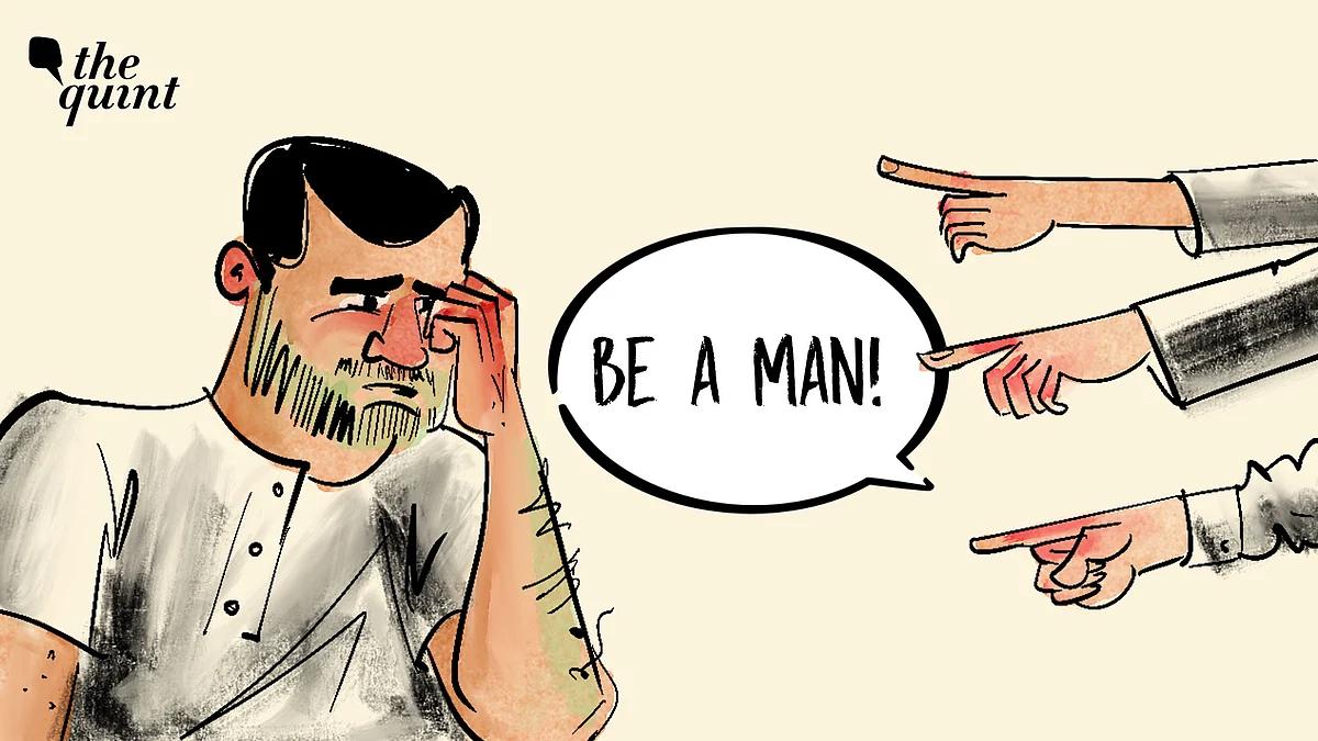 The image is an illustration depicting a man with a distressed expression, holding his head in his hand. He appears to be under emotional stress. To the right, there are three hands pointing at him, with a speech bubble containing the text 'BE A MAN!' This suggests societal pressure or stigma related to masculinity. The top left corner features the logo 'the quint.' The overall theme highlights the societal expectations and pressures faced by men.