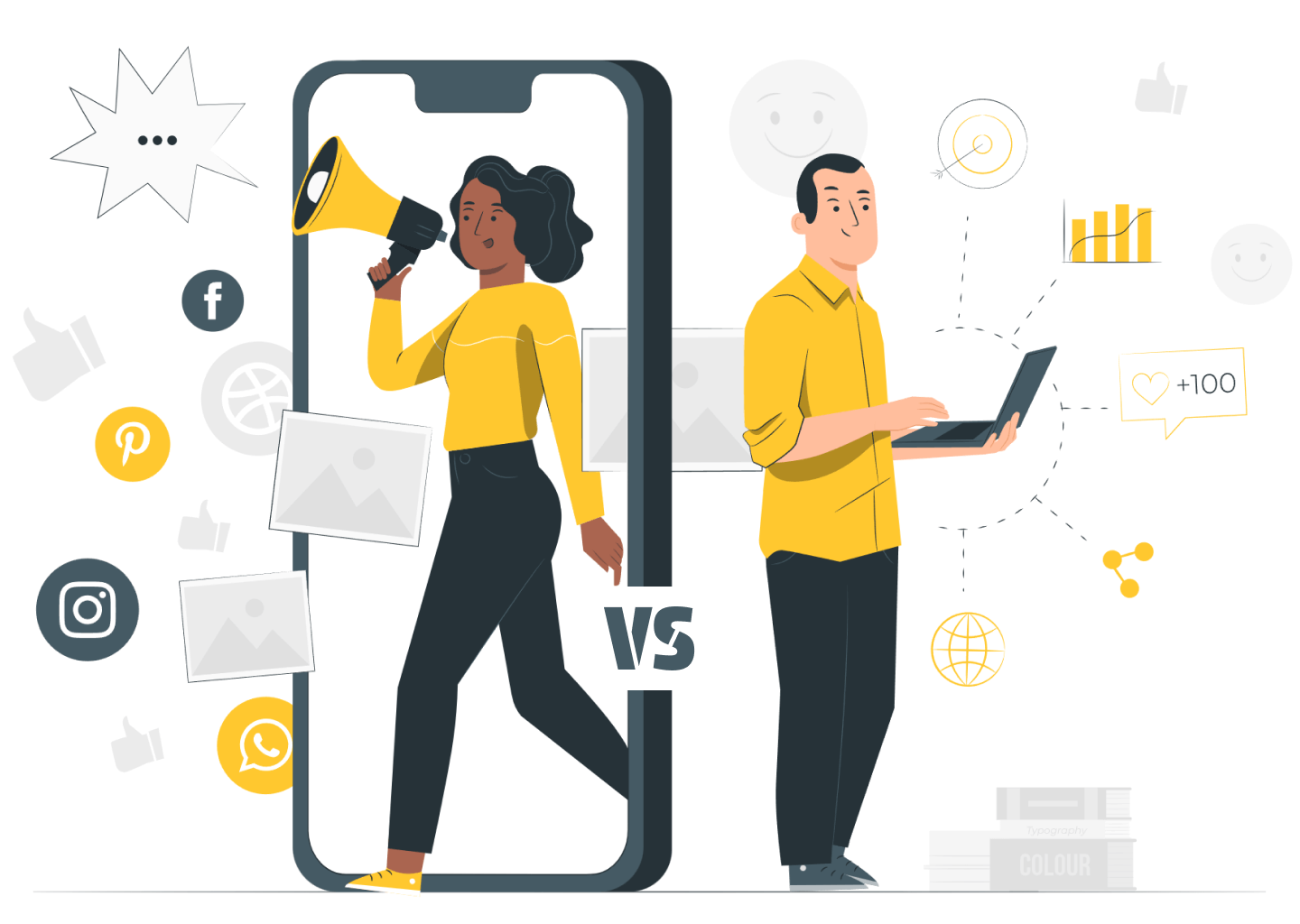 The image is an illustration depicting a comparison between two individuals, a woman and a man, each representing different aspects of marketing. The woman on the left is shown walking out of a smartphone screen, holding a megaphone, symbolizing social media and digital marketing. Various social media icons like Facebook, Instagram, Pinterest, and WhatsApp surround her. The man on the right is standing with a laptop, surrounded by icons representing data analysis, such as a bar chart, a globe, and a heart with '+100', indicating engagement metrics. The word 'VS' is prominently displayed between them, highlighting the contrast or comparison. Both individuals are wearing yellow tops, and the overall color scheme includes shades of yellow, black, and gray.