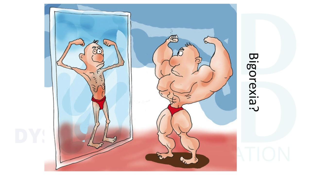 The image is a cartoon illustration depicting a muscular man looking at his reflection in a mirror. In the mirror, he sees himself as very thin and frail, despite his actual muscular physique. Both the real man and his reflection are wearing red briefs. The background is a mix of blue and white colors, creating a simple setting. The word 'Bigorexia?' is written vertically on the right side of the image, suggesting a theme related to body image issues.