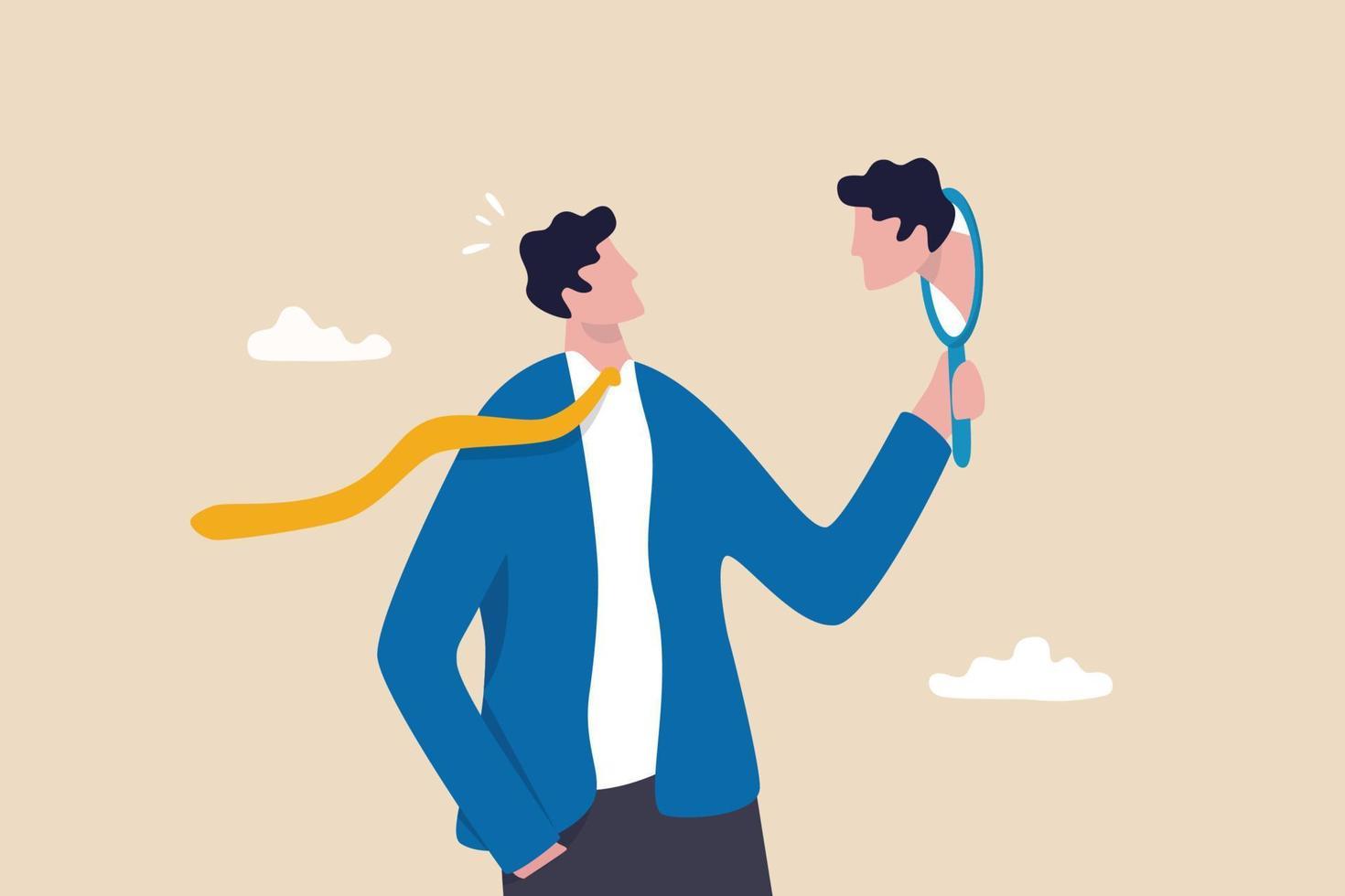 The image is an illustration of a man in a blue suit with a yellow tie, holding a mirror in his hand. The mirror reflects his own face, symbolizing self-awareness or introspection. The background is a light beige color with a few white clouds, giving a simplistic and clean appearance. The man's posture suggests contemplation or self-reflection.