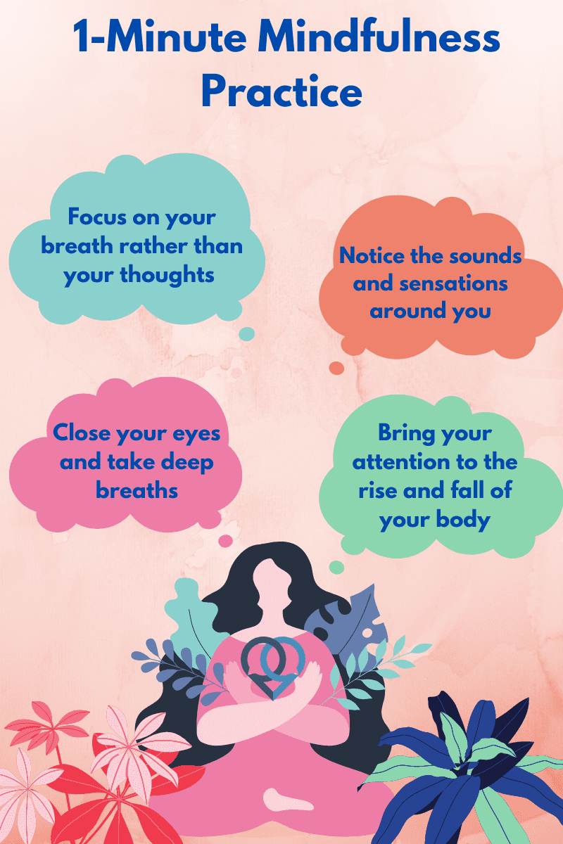 The image is an infographic titled '1-Minute Mindfulness Practice' featuring a stylized illustration of a person sitting cross-legged in a meditative pose. Surrounding the figure are four colorful speech bubbles, each containing a mindfulness tip. The tips are: 'Focus on your breath rather than your thoughts,' 'Notice the sounds and sensations around you,' 'Close your eyes and take deep breaths,' and 'Bring your attention to the rise and fall of your body.' The background is a soft pink with abstract patterns, and there are decorative plants around the meditating figure.