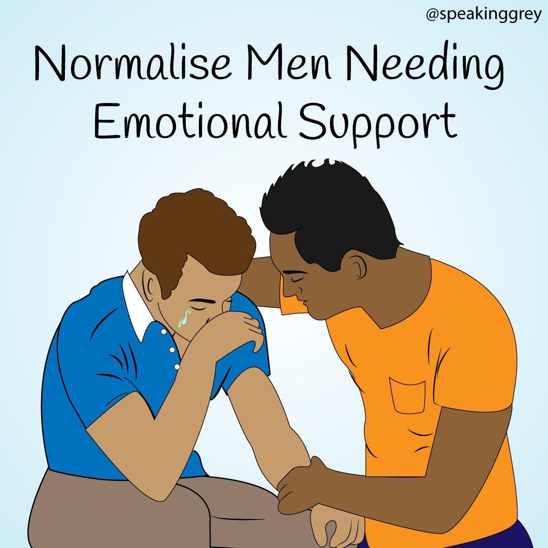 The image is an illustration depicting two men. One man, wearing a blue shirt, is sitting and appears to be crying, with tears visible on his face. The other man, wearing an orange shirt, is leaning towards him, offering comfort by placing a hand on his shoulder. Above them, the text reads 'Normalise Men Needing Emotional Support'. The background is a light blue, and the illustration conveys a message of empathy and support for men's emotional needs.