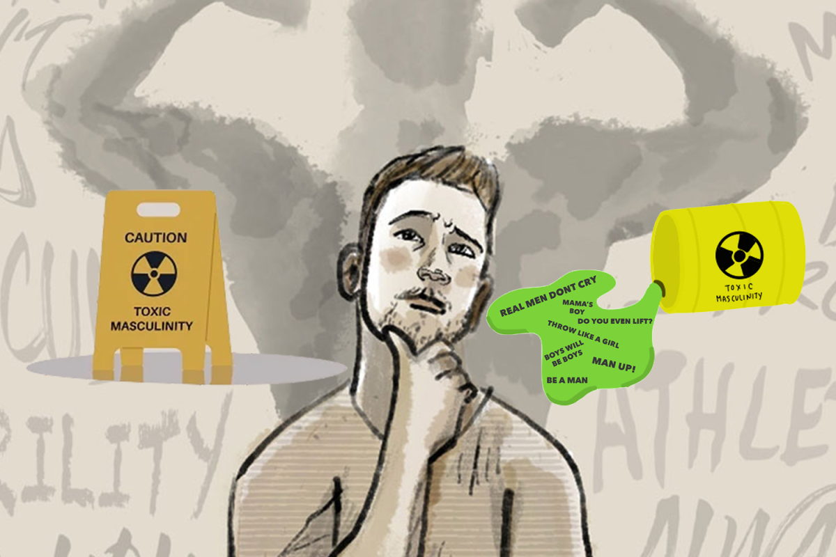 The image is an artistic representation addressing the concept of toxic masculinity. It features a man with a thoughtful expression, his hand on his chin, suggesting contemplation. To the left, there is a yellow caution sign with the text 'CAUTION TOXIC MASCULINITY' and a radiation symbol. On the right, a yellow barrel labeled 'TOXIC MASCULINITY' is pouring out green liquid. The liquid contains phrases such as 'REAL MEN DON'T CRY', 'MAMA'S BOY', 'DO YOU EVEN LIFT?', 'THROW LIKE A GIRL', 'BOYS WILL BE BOYS', 'MAN UP!', and 'BE A MAN'. The background is a grayscale depiction of a skull, symbolizing danger or harm, with faint text related to masculinity.