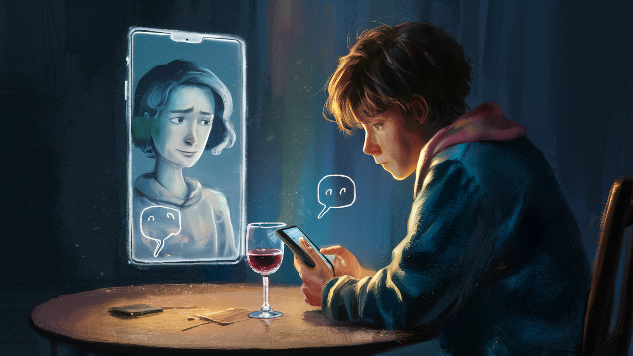 The image is an artistic representation of a young person sitting at a table, engrossed in their smartphone. The setting is dimly lit, creating a moody atmosphere. On the table, there is a glass of red wine and some scattered papers. The person is wearing a hoodie and appears focused on the phone screen. On the phone, there is a video call or digital interaction with a character displayed on the screen. This character has a gentle expression and is surrounded by a glowing outline, suggesting a virtual or AI presence. Speech bubbles with simple emoticons are visible, indicating a conversation. The overall theme suggests a connection between humans and AI, possibly exploring themes of companionship or isolation.