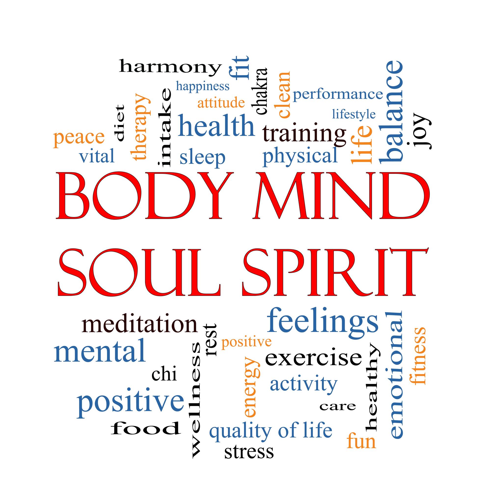 The image is a word cloud centered around the themes of holistic wellness, integrating concepts of body, mind, soul, and spirit. The largest words in the center are 'BODY', 'MIND', 'SOUL', and 'SPIRIT', indicating their importance. Surrounding these are various related words in different colors and sizes, such as 'health', 'feelings', 'positive', 'exercise', 'mental', 'balance', 'harmony', 'peace', 'energy', 'wellness', 'meditation', 'therapy', 'training', 'emotional', 'fitness', 'diet', 'food', 'quality of life', 'happiness', 'joy', 'care', 'rest', 'sleep', 'vital', 'attitude', 'chakra', 'chi', 'clean', 'fun', 'intake', 'lifestyle', 'performance', 'physical', 'stress', and 'healthy'. The words are arranged in a visually appealing manner, emphasizing the interconnectedness of these concepts in achieving holistic wellness.