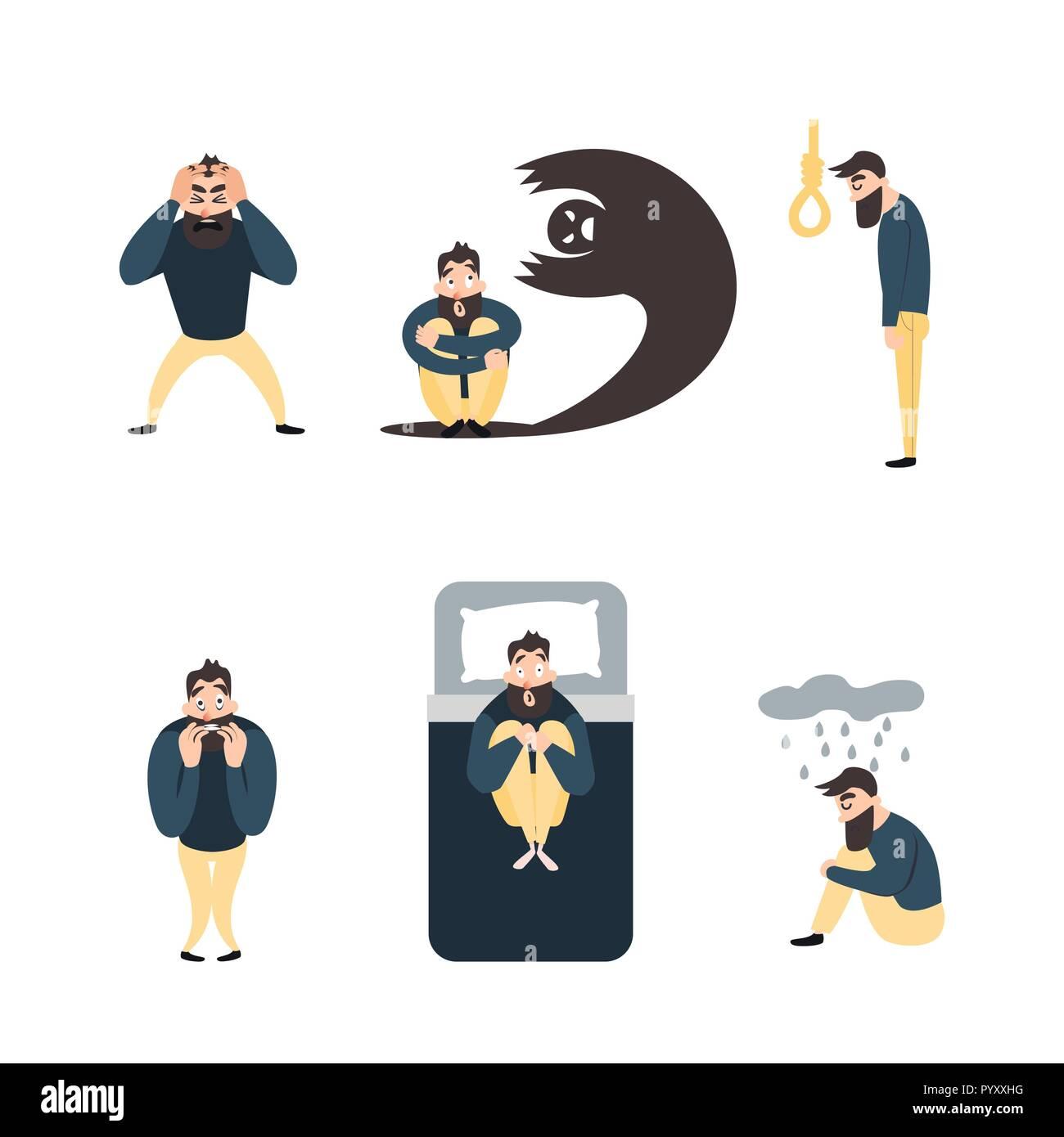 The image is a vector illustration depicting a group of men experiencing various psychological or psychiatric problems. The top left shows a man holding his head in distress. Next to him, a man sits on the ground, looking fearful, with a dark, menacing shadow looming behind him. The top right features a man standing with his head down, facing a noose, suggesting themes of despair or suicidal thoughts. The bottom left shows a man biting his nails, indicating anxiety or nervousness. In the center bottom, a man is sitting upright in bed, appearing startled or scared. The bottom right depicts a man sitting on the ground with a rain cloud above him, symbolizing sadness or depression. The overall theme of the image is mental health issues, including anxiety, phobia, and depression.