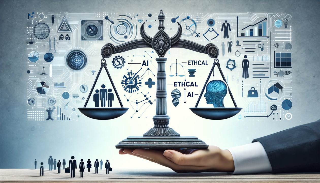 The image features a balanced scale held by a hand, symbolizing the concept of weighing ethical considerations in artificial intelligence (AI). On one side of the scale, there are silhouettes of people, representing human factors. On the other side, there is a digital representation of a human head, symbolizing AI. The background is filled with various icons and symbols related to technology, data, and ethics, such as gears, graphs, and circuit patterns. The words 'AI' and 'ETHICAL' are prominently displayed, emphasizing the theme of ethical AI. The overall composition suggests a balance between human and technological elements in ethical decision-making.