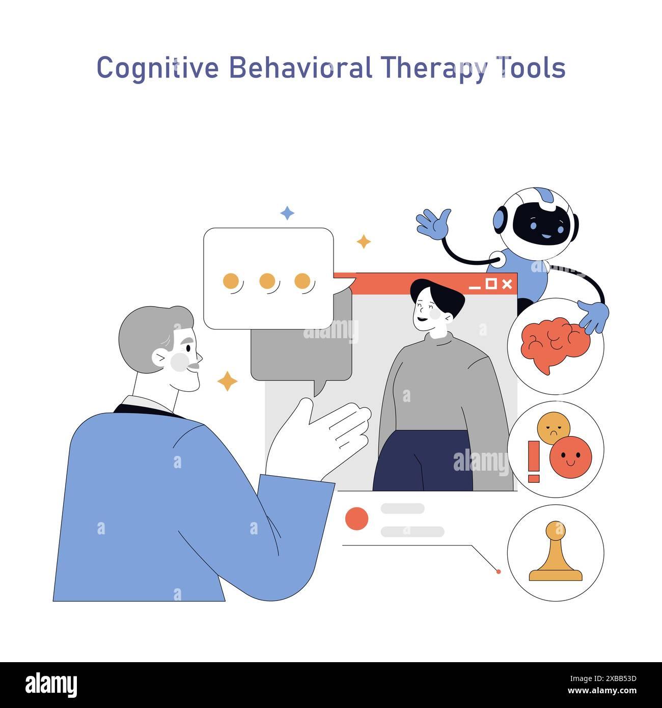 The image is an illustration depicting tools for Cognitive Behavioral Therapy (CBT). It features a person in a blue jacket engaging in a conversation with another person displayed on a computer screen. A speech bubble with three dots suggests communication. A small robot with a friendly appearance is present, symbolizing technological assistance. To the right, there are icons representing a brain, emotions, and a chess pawn, indicating cognitive processes, emotional regulation, and strategic thinking. The overall theme is the integration of technology in therapeutic practices.