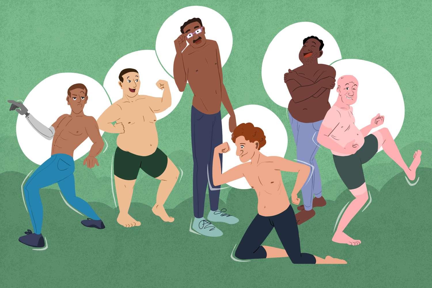 The image is an illustration featuring six diverse men posing confidently against a green background. Each man has a unique body type and appearance, showcasing diversity in body positivity. The man on the left has a prosthetic arm and is pointing forward. Next to him is a heavier-set man flexing his arm. In the center, a tall man with glasses stands with his hand on his chin. To his right, a man with curly hair is kneeling and flexing his arm. Another man with a darker complexion stands with his arms crossed, smiling. The last man on the right is bald and has a playful pose with one leg raised. The background features circular white highlights behind each figure, emphasizing their individuality.