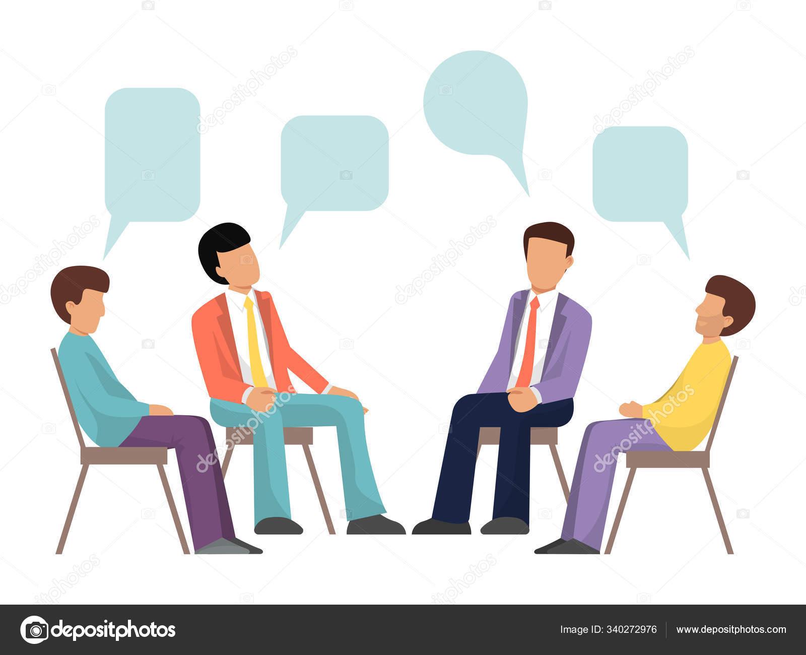 The image is an illustration depicting a group therapy session. Four men are seated in a circle on chairs, each engaged in conversation. They are dressed in business casual attire, with one wearing a red jacket, another in a purple jacket, and the others in casual shirts. Above each person, there are empty speech bubbles, indicating dialogue or discussion. The background is plain white, emphasizing the focus on the individuals and their interaction.
