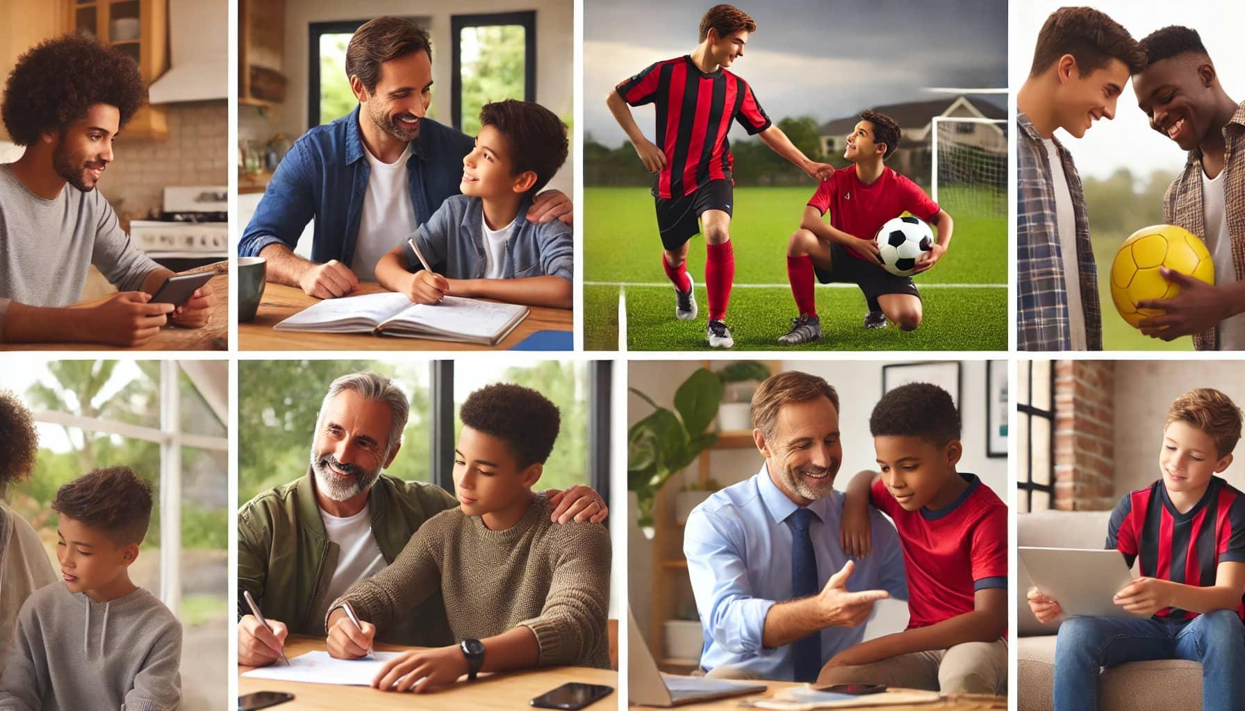The image is a collage of eight photographs depicting positive interactions between male role models and younger individuals. The scenes include various settings such as a kitchen, a study area, and a soccer field. In each image, an adult male is seen engaging with a child or teenager in activities like studying, playing soccer, or using digital devices. The expressions are warm and supportive, highlighting mentorship and guidance. The overall theme emphasizes the importance of positive male role models in different aspects of life.