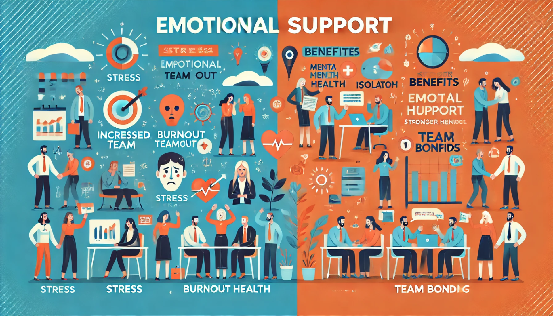 The image is an infographic divided into two halves, each with a distinct color scheme and theme. The left side is predominantly blue and focuses on stress and burnout in teams. It includes illustrations of stressed individuals, charts, and icons representing stress and burnout. Text such as 'STRESS', 'INCREASED TEAM', and 'BURNOUT TEAMOUT' is visible. The right side is orange and highlights the benefits of emotional support, featuring illustrations of people interacting positively, charts, and symbols of mental health. Text includes 'BENEFITS', 'EMOTIONAL SUPPORT', and 'TEAM BONDING'. The overall theme contrasts the negative effects of stress with the positive impact of emotional support in teams.