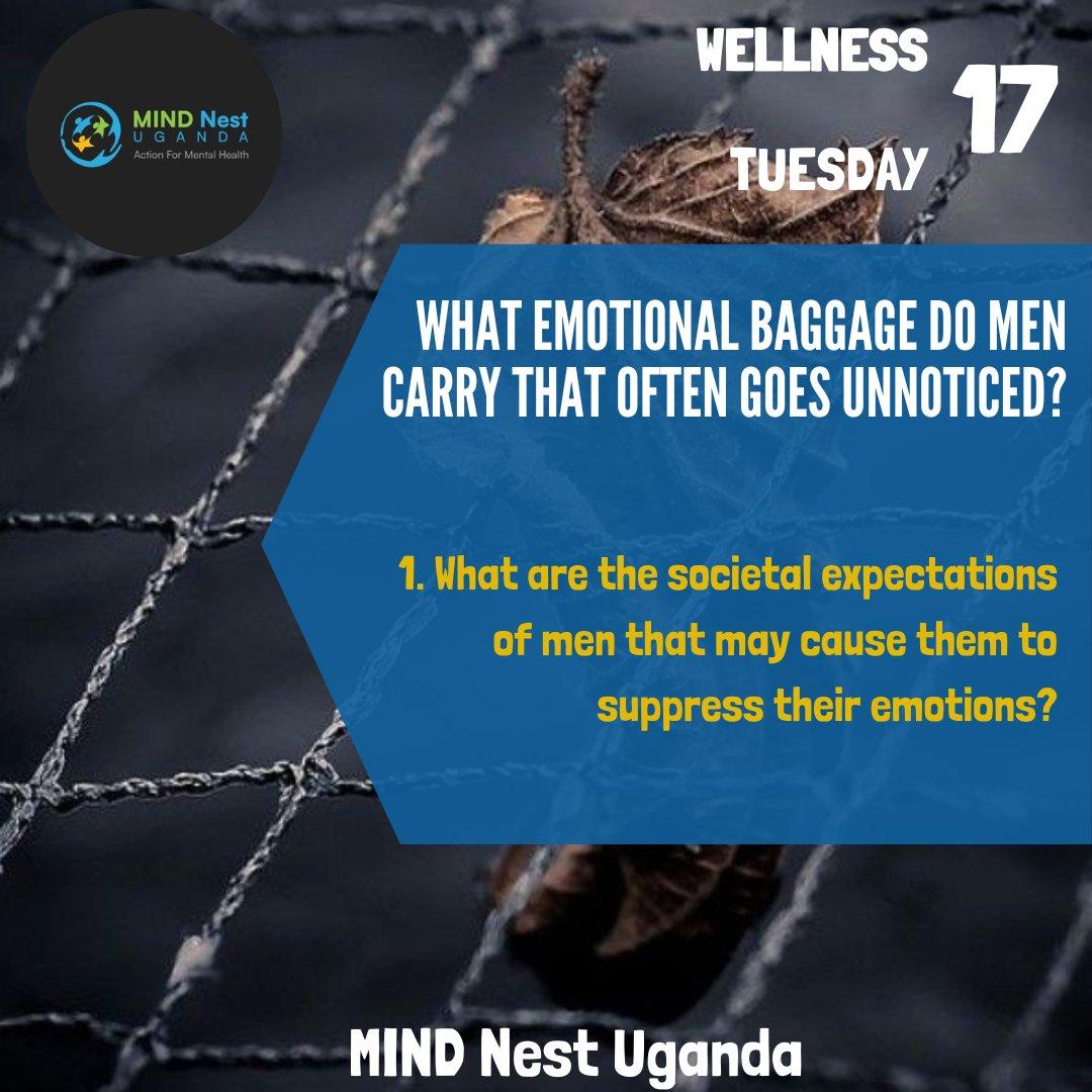 The image features a background of a dark, net-like structure with a dried leaf caught in it. Overlaid on this background is a blue hexagonal shape containing text. At the top right, the words 'WELLNESS TUESDAY 17' are displayed in white. The main text in the blue shape reads: 'WHAT EMOTIONAL BAGGAGE DO MEN CARRY THAT OFTEN GOES UNNOTICED?' Below this, in yellow text, it asks: '1. What are the societal expectations of men that may cause them to suppress their emotions?' In the top left corner, there is a circular logo with the text 'MIND Nest UGANDA Action For Mental Health.' At the bottom of the image, the text 'MIND Nest Uganda' is displayed in white.
