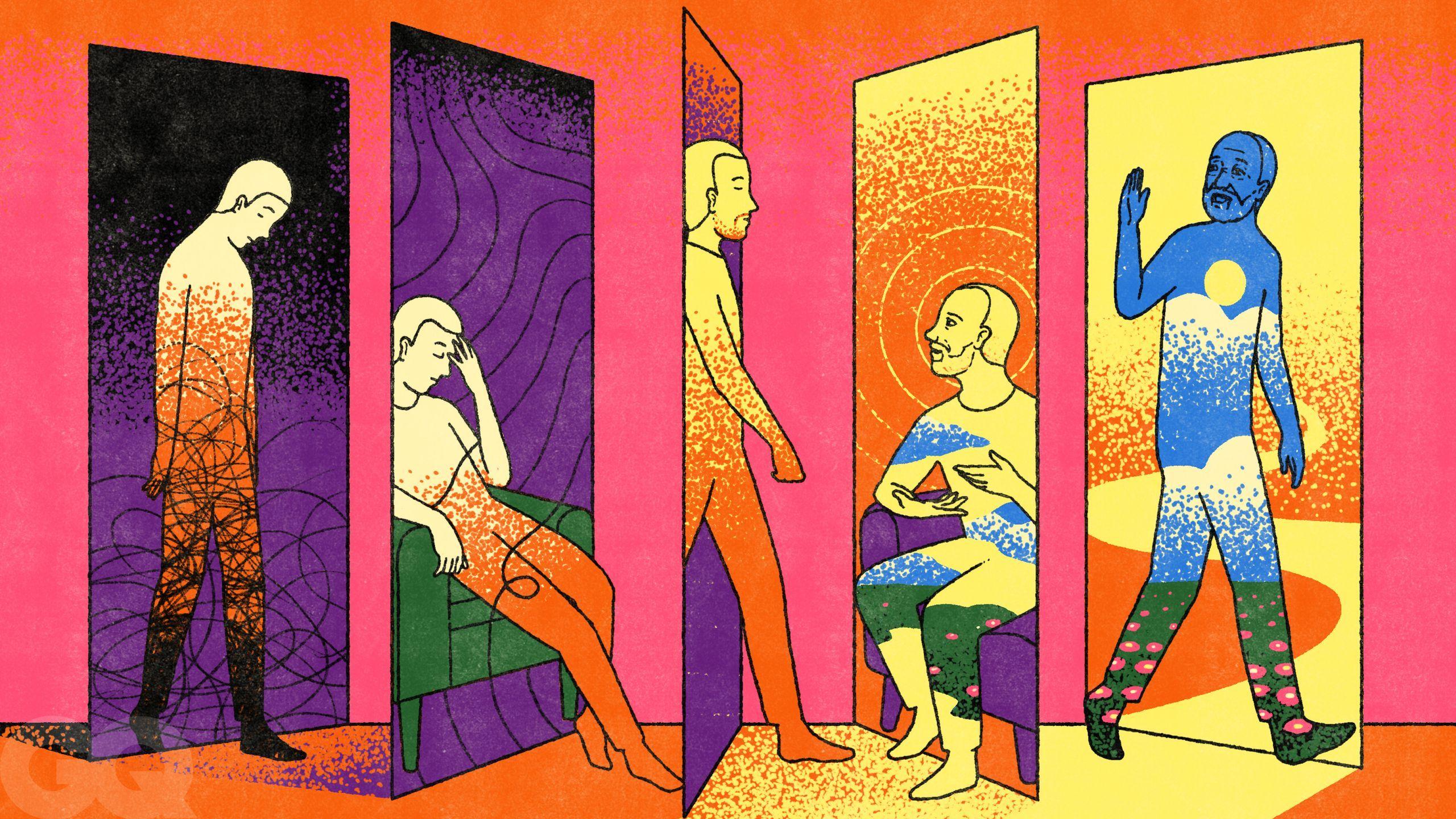 The image is an artistic illustration depicting a series of doorways, each with a different figure inside. The figures appear to represent different emotional or mental states. The first figure is standing with a downward gaze, surrounded by dark, swirling patterns. The second figure is seated, resting their head on their hand, with a contemplative expression. The third figure is walking through a doorway, transitioning from one state to another. The fourth figure is seated, holding a small object, and appears to be engaged in conversation. The final figure is waving, with a bright, colorful pattern suggesting a sense of peace or enlightenment. The background colors transition from dark to bright, symbolizing a journey from darkness to light.