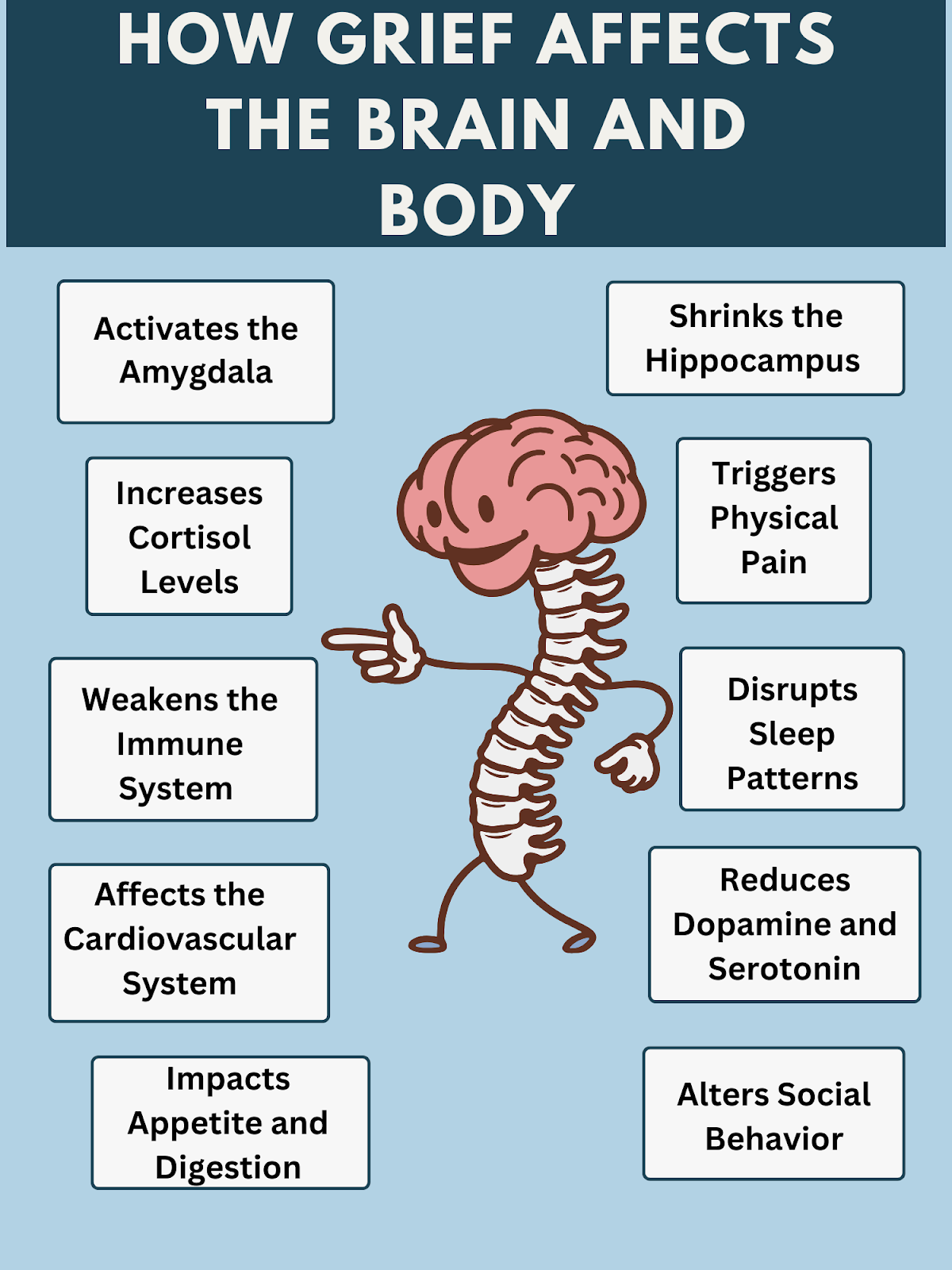 The image is an infographic titled 'HOW GRIEF AFFECTS THE BRAIN AND BODY.' It features a cartoon illustration of a brain with a spinal column, depicted as a character with arms and legs. Surrounding the character are several text boxes that describe the effects of grief on the brain and body. These effects include: 'Activates the Amygdala,' 'Increases Cortisol Levels,' 'Weakens the Immune System,' 'Affects the Cardiovascular System,' 'Impacts Appetite and Digestion,' 'Shrinks the Hippocampus,' 'Triggers Physical Pain,' 'Disrupts Sleep Patterns,' 'Reduces Dopamine and Serotonin,' and 'Alters Social Behavior.' The background is light blue, and the text is in black and white.