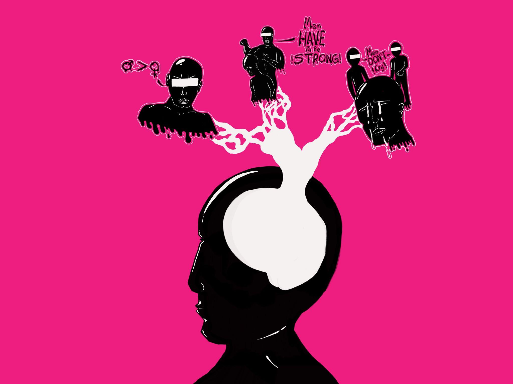 The image features a silhouette of a human head in black against a bright pink background. The head is depicted in profile, facing to the right, with a large white area representing the brain. Emerging from this white area are several black and white illustrations of male figures. These figures are connected to the head by white, branch-like lines. Each figure represents a different aspect of toxic masculinity. One figure is holding a pair of handcuffs shaped like male and female symbols. Another figure is accompanied by the text 'Men HAVE to be STRONG,' and a third figure is associated with the text 'Men DON'T cry.' The overall theme of the image is a critique of toxic masculinity and the societal pressures on men to conform to certain stereotypes.