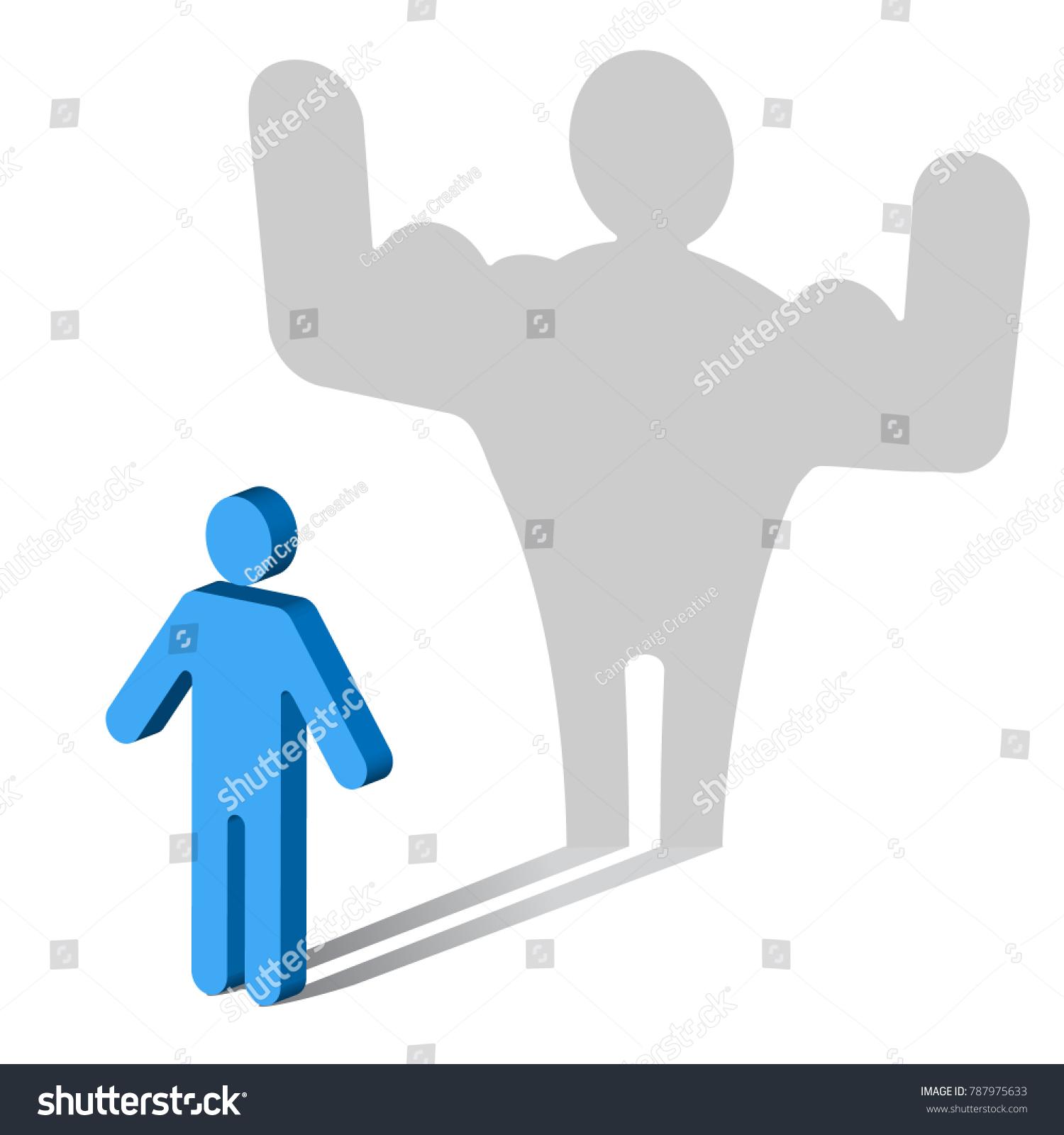 The image is a vector illustration depicting a blue, simplistic human figure standing on a white background. The figure is casting a large shadow on the wall behind it, which takes the shape of a muscular person with flexed arms, symbolizing the concept of muscle dysmorphia or self-perception. The shadow is gray and significantly larger than the blue figure, emphasizing the contrast between the individual's self-image and reality. The image includes watermarks with the text 'shutterstock' repeated across it.