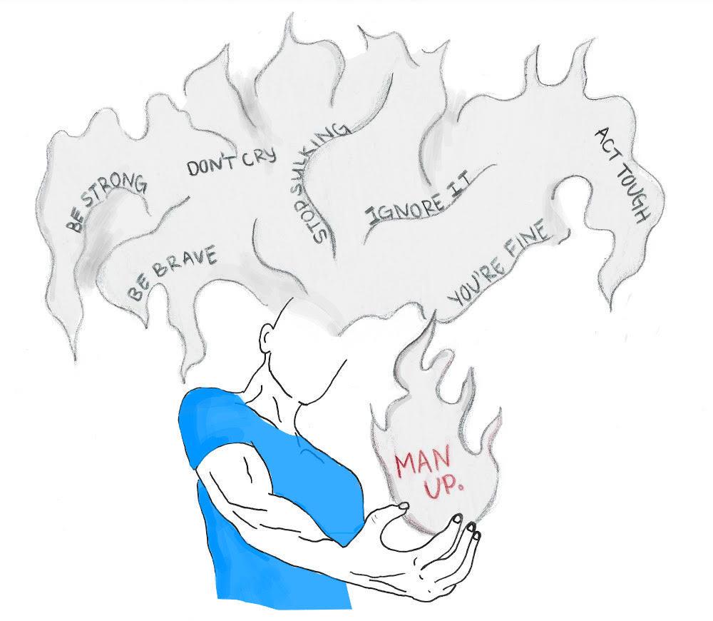 The image is an artistic representation of a person with a muscular arm, wearing a blue shirt, holding a flame in their hand. The flame contains the words 'MAN UP.' Above the person, there are larger flames with various phrases such as 'BE STRONG,' 'DON'T CRY,' 'STOP SULKING,' 'IGNORE IT,' 'YOU'RE FINE,' 'ACT TOUGH,' and 'BE BRAVE.' These phrases are commonly associated with societal expectations of masculinity. The overall theme suggests the pressure on men to conform to traditional masculine norms.