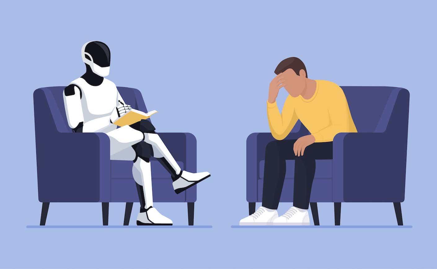 The image depicts a futuristic scene where a humanoid robot is sitting in a chair, holding a notepad and pen, seemingly in a therapist role. Opposite the robot, a human male is seated, appearing distressed with his head in his hand. Both are seated in modern, comfortable chairs against a light blue background, suggesting a calm and professional setting. The robot is white with black accents, and the human is wearing a yellow sweater and white sneakers.