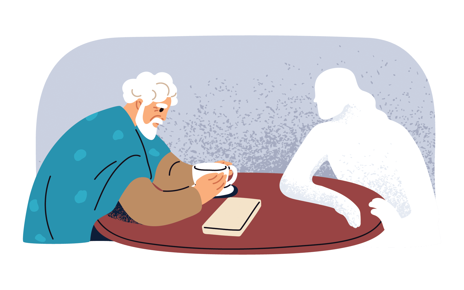 The image is an artistic illustration depicting an elderly person with white hair and a beard, sitting at a round table. The person is wearing a blue garment with circular patterns and is holding a cup, possibly of coffee or tea, in both hands. Opposite this person is a silhouette of another figure, which appears to be transparent or ghost-like, suggesting themes of absence or loss. The background is a textured gray, adding to the somber and reflective mood of the scene.