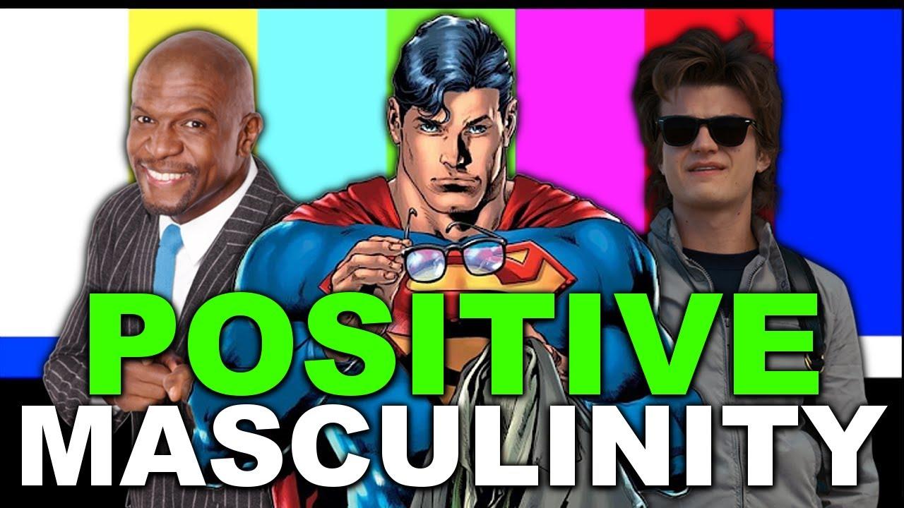The image features three figures against a colorful background with vertical stripes in blue, yellow, green, pink, and red. On the left is a smiling man in a pinstripe suit with a blue tie. In the center is a comic book character resembling Superman, holding a pair of glasses. On the right is a man wearing sunglasses and a casual jacket. The text 'POSITIVE MASCULINITY' is prominently displayed in bold green and white letters across the bottom of the image.