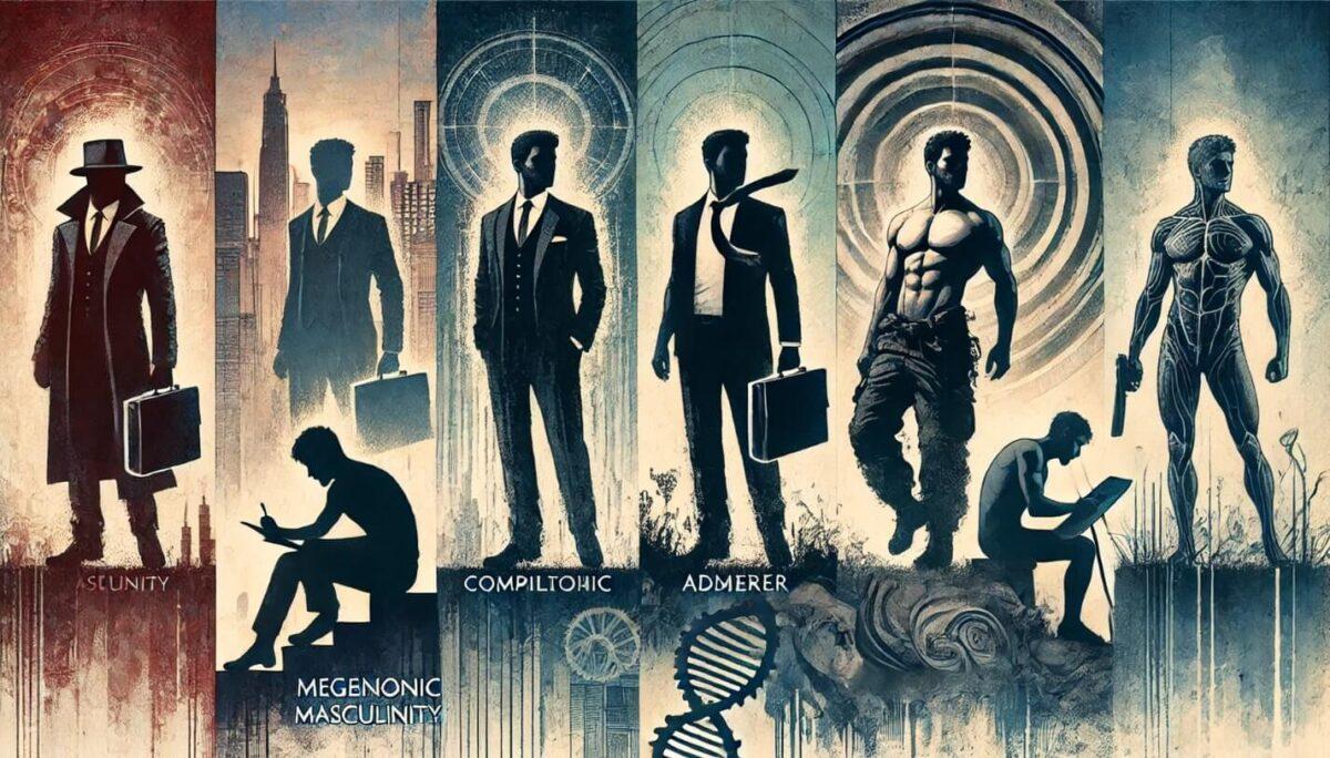The image is a stylized artistic representation of different male figures, each depicted in a distinct style and setting. From left to right, the figures transition from a shadowy, mysterious man in a trench coat and hat holding a briefcase, to a series of progressively more modern and muscular figures. The background features urban landscapes and abstract patterns, with each section having its own unique design. Below each figure, there are words such as 'ASUNITY', 'COMPILOTHIC', 'ADMIRER', and 'MEGENONIC MASCULINITY', suggesting different concepts or themes related to masculinity. The overall tone of the image is dramatic and thought-provoking, exploring various aspects of male identity and evolution.