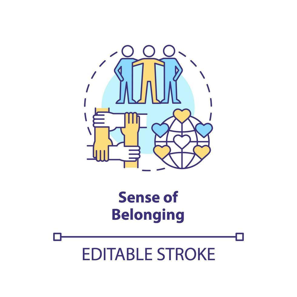 The image is an illustration representing the concept of a 'Sense of Belonging.' It features three main elements: three stylized human figures standing together, symbolizing unity and community; a group of hands interlocking, representing cooperation and support; and a globe with heart shapes, indicating global connection and love. The background is a light blue circle, and the elements are outlined in blue and yellow. Below the illustration, the text 'Sense of Belonging' is written in bold, followed by 'EDITABLE STROKE' in smaller font.